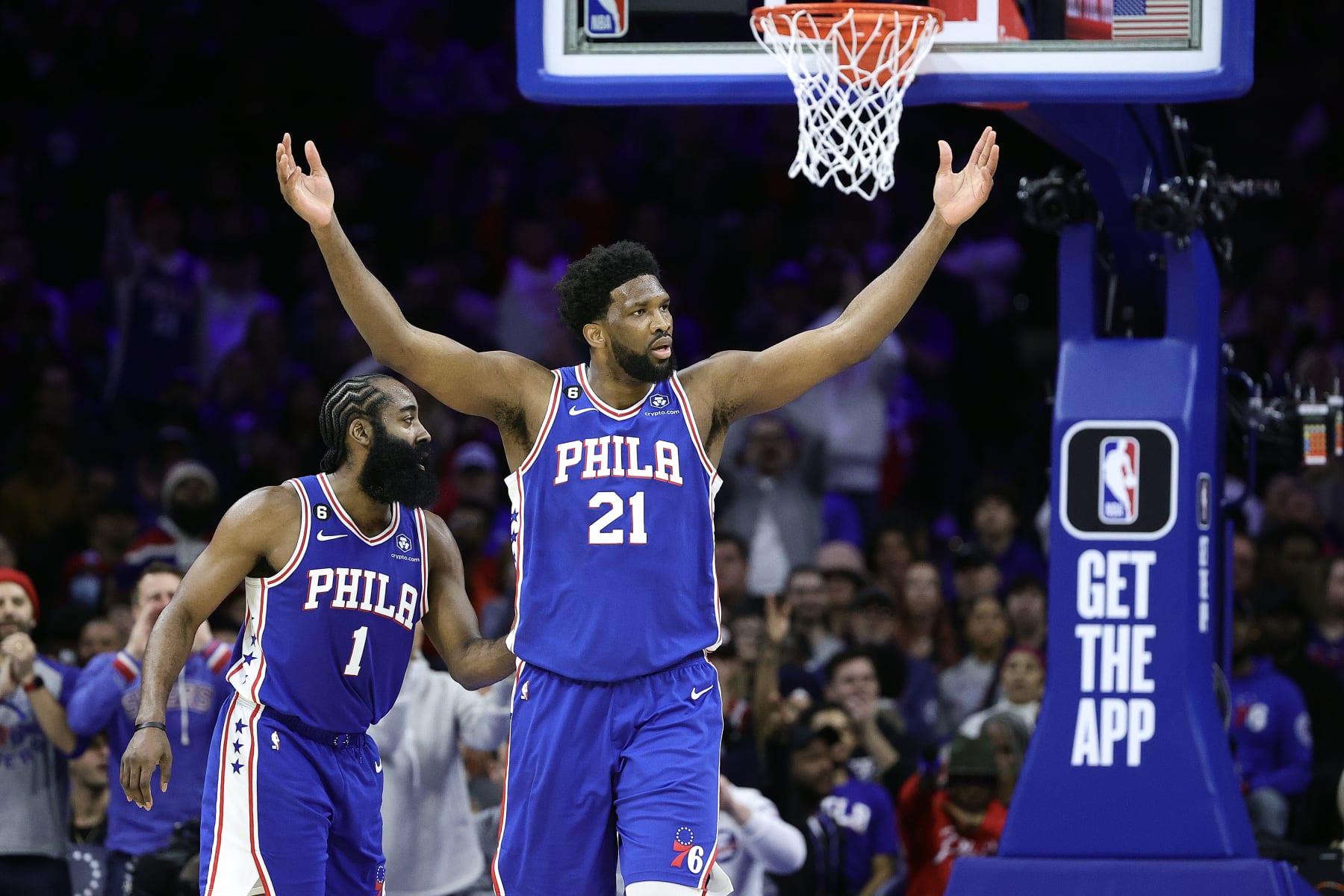 PHILADELPHIA, PENNSYLVANIA - JANUARY 25: Joel Embiid #21 of the Philadelphia 76ers reacts during the second quarter against the Brooklyn Nets at Wells Fargo Center on January 25, 2023 in Philadelphia, Pennsylvania. NOTE TO USER: User expressly acknowledges and agrees that, by downloading and or using this photograph, User is consenting to the terms and conditions of the Getty Images License Agreement. (Photo by Tim Nwachukwu/Getty Images)