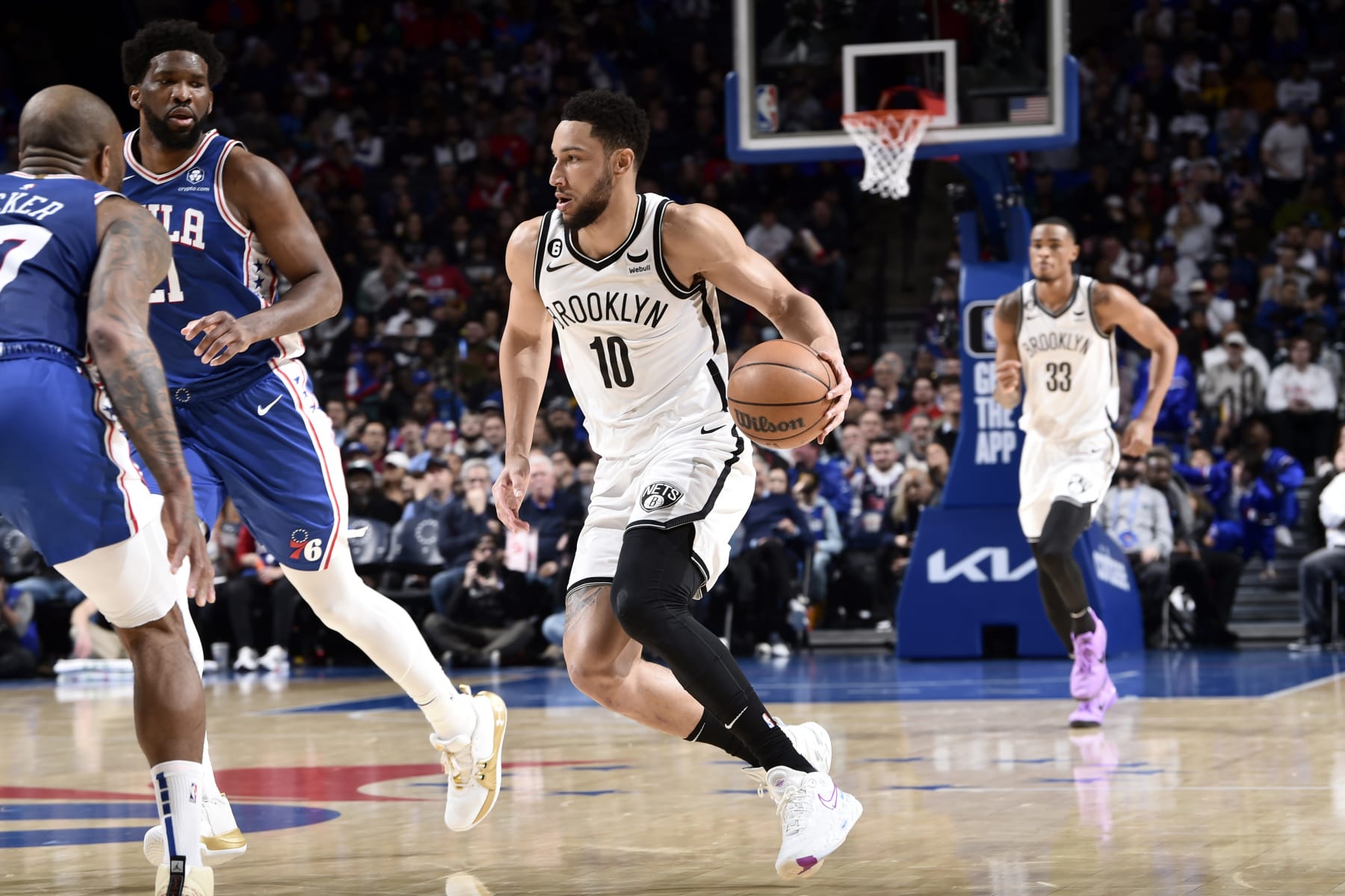 PHILADELPHIA, PA - JANUARY 25: Ben Simmons #10 of the Brooklyn Nets dribbles the ball during the game against the Philadelphia 76ers on January 25, 2023 at the Wells Fargo Center in Philadelphia, Pennsylvania NOTE TO USER: User expressly acknowledges and agrees that, by downloading and/or using this Photograph, user is consenting to the terms and conditions of the Getty Images License Agreement. Mandatory Copyright Notice: Copyright 2023 NBAE (Photo by David Dow/NBAE via Getty Images)