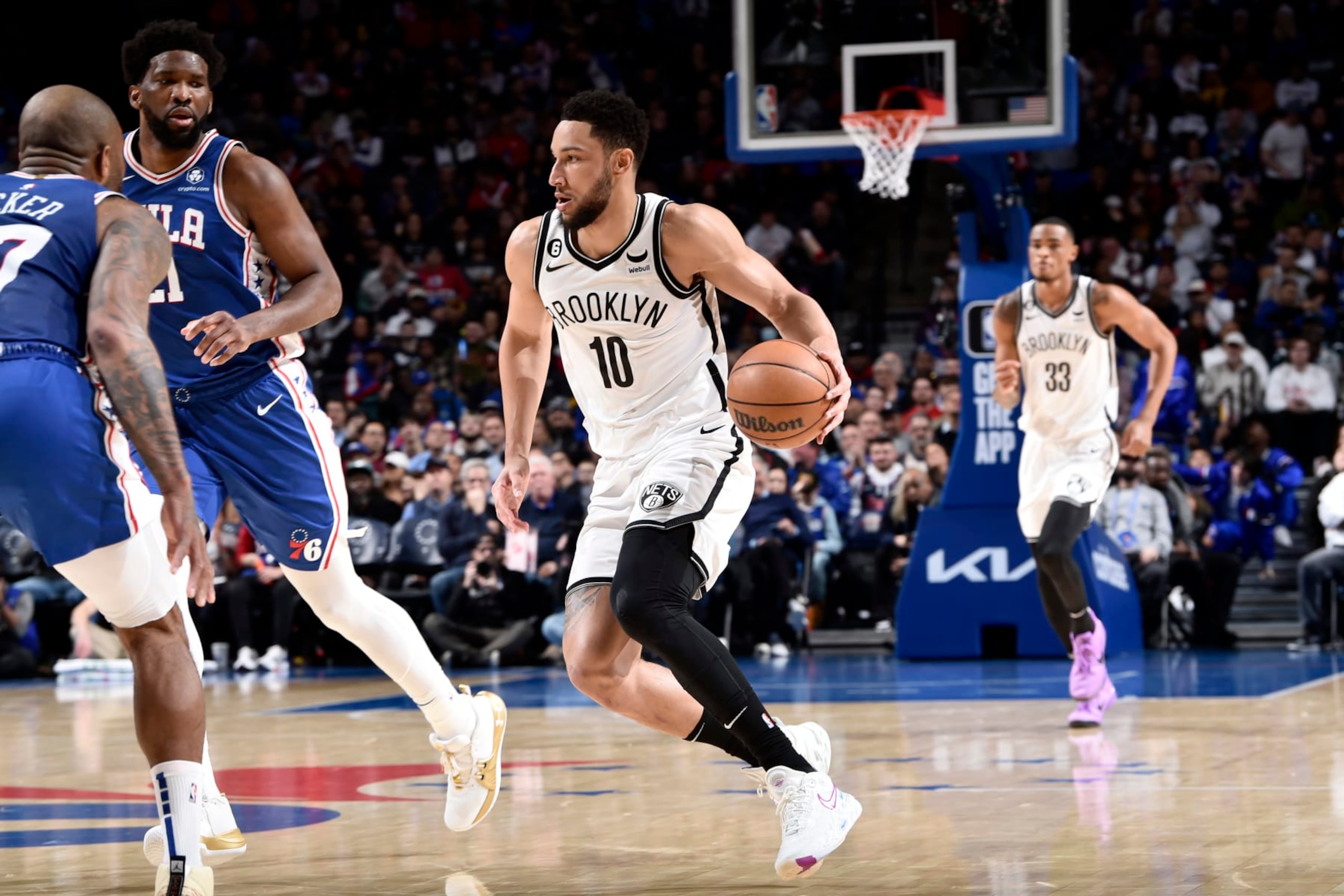 PHILADELPHIA, PA - JANUARY 25: Ben Simmons #10 of the Brooklyn Nets dribbles the ball during the game against the Philadelphia 76ers on January 25, 2023 at the Wells Fargo Center in Philadelphia, Pennsylvania NOTE TO USER: User expressly acknowledges and agrees that, by downloading and/or using this Photograph, user is consenting to the terms and conditions of the Getty Images License Agreement. Mandatory Copyright Notice: Copyright 2023 NBAE (Photo by David Dow/NBAE via Getty Images)