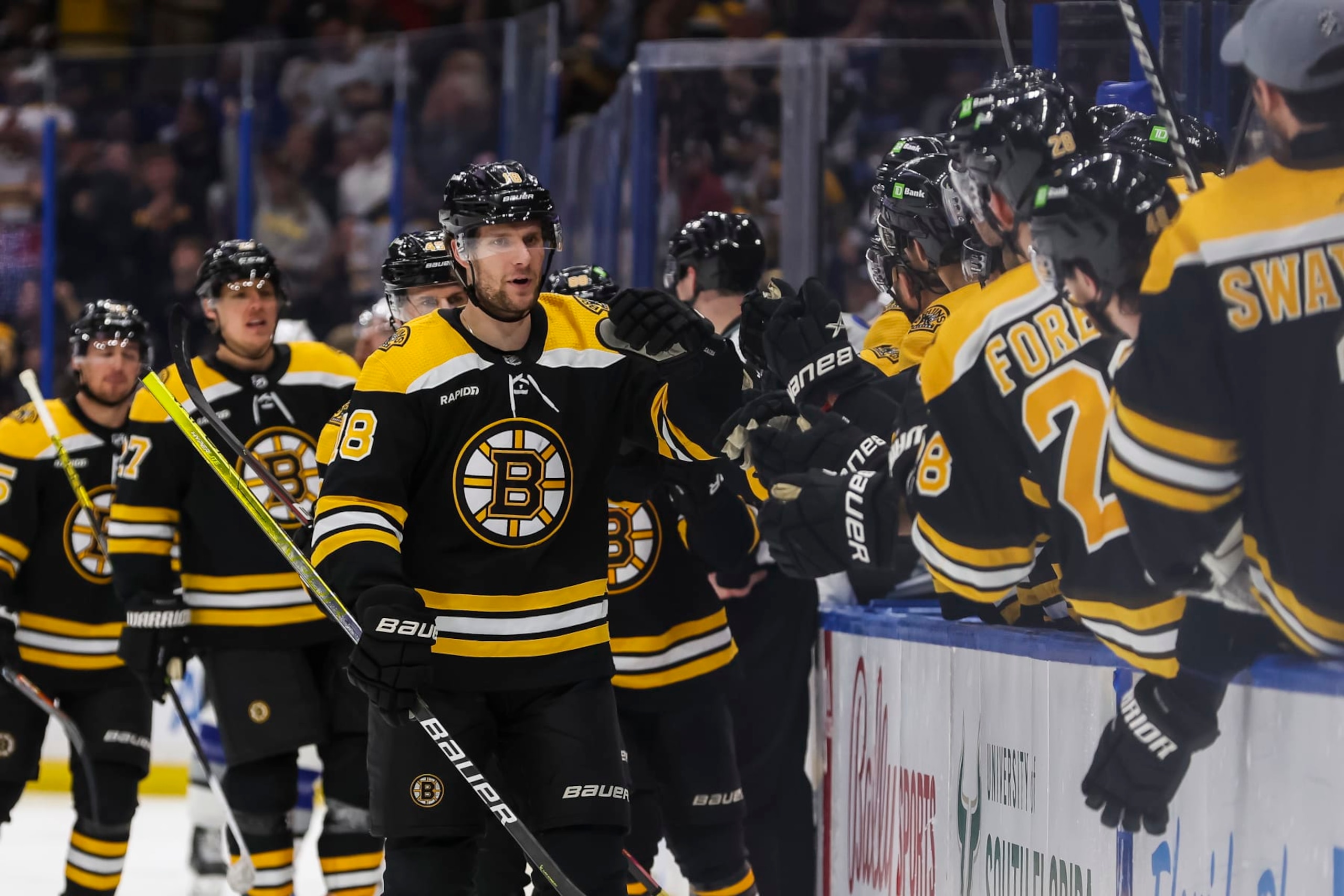 TAMPA, FL - JANUARY 26: Pavel Zacha #18 of the Boston Bruins celebrates a goal with teammates against the Tampa Bay Lightning during the third period at Amalie Arena on January 26, 2023 in Tampa, Florida. (Photo by Mark LoMoglio/NHLI via Getty Images)