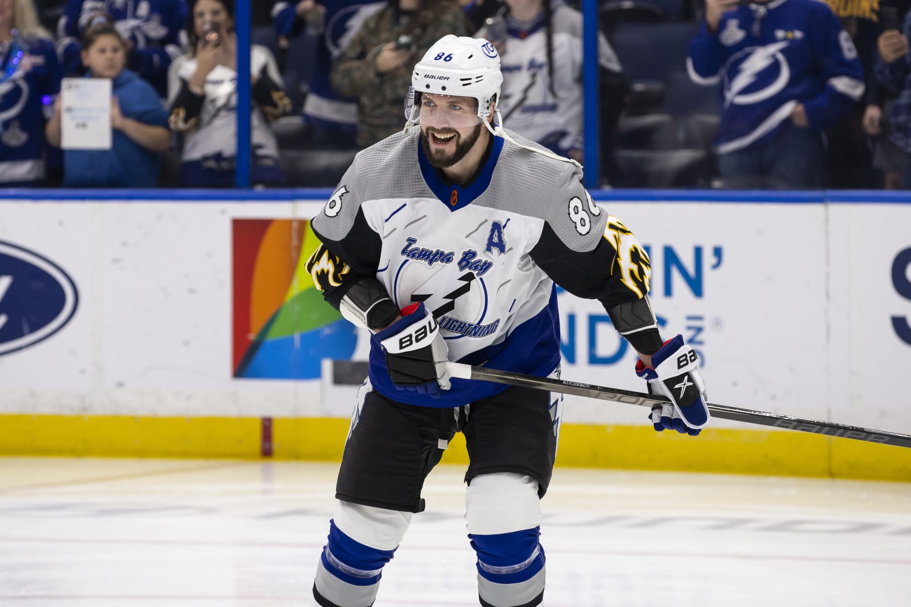 TAMPA, FL - JANUARY 26: Nikita Kucherov #86 of the Tampa Bay Lightning gets ready for the game against the Boston Bruins at Amalie Arena on January 26, 2023 in Tampa, Florida. (Photo by Mark LoMoglio/NHLI via Getty Images)