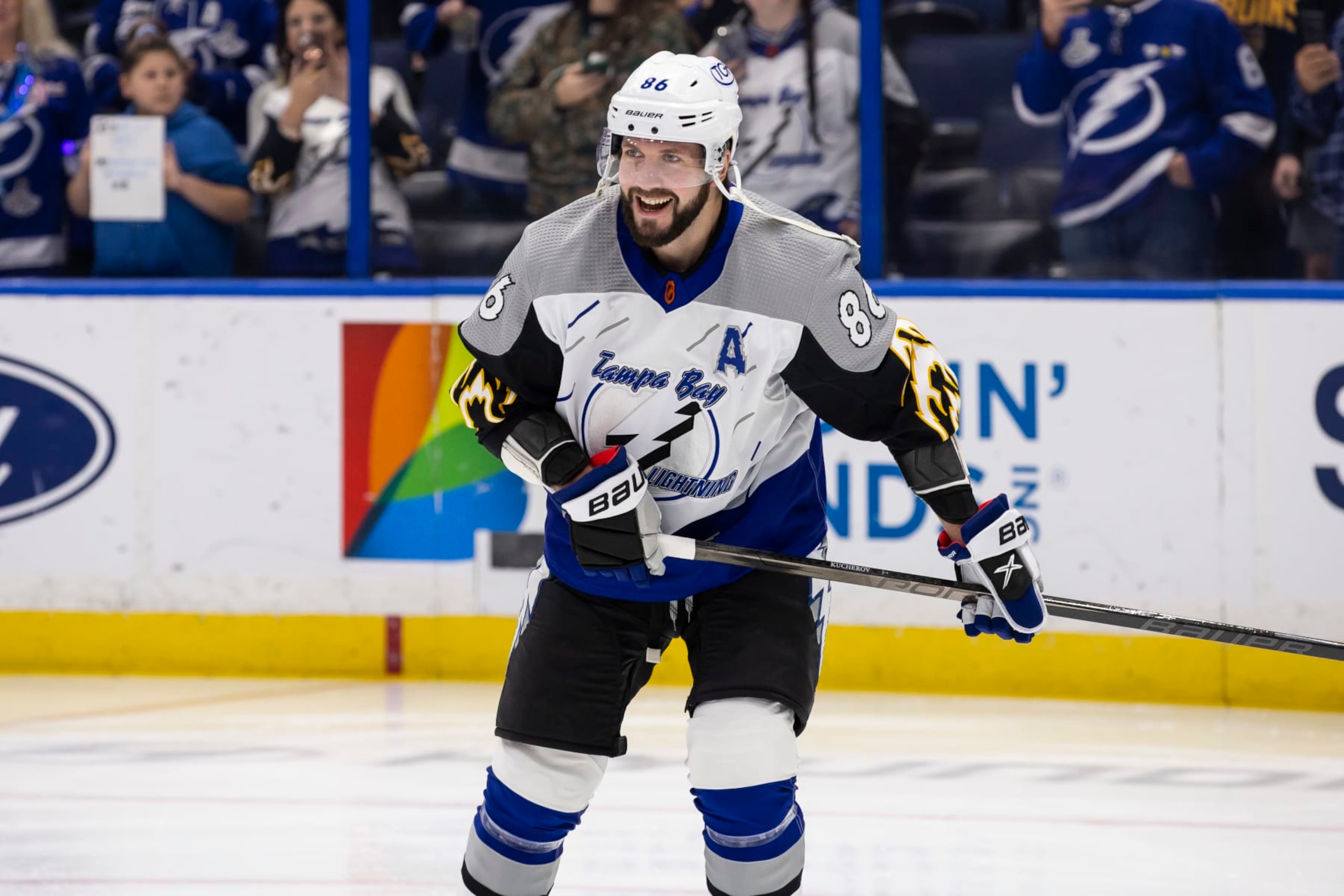TAMPA, FL - JANUARY 26: Nikita Kucherov #86 of the Tampa Bay Lightning gets ready for the game against the Boston Bruins at Amalie Arena on January 26, 2023 in Tampa, Florida. (Photo by Mark LoMoglio/NHLI via Getty Images)