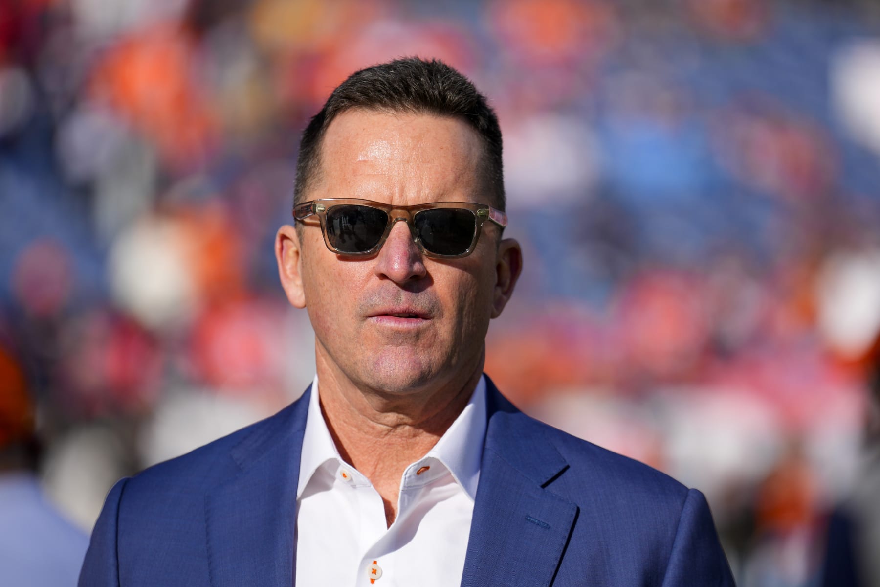 Denver Broncos general manager George Paton looks on against the Los Angeles Chargers during an NFL football game, Sunday, Jan. 8, 2023, in Denver. (AP Photo/Jack Dempsey)
