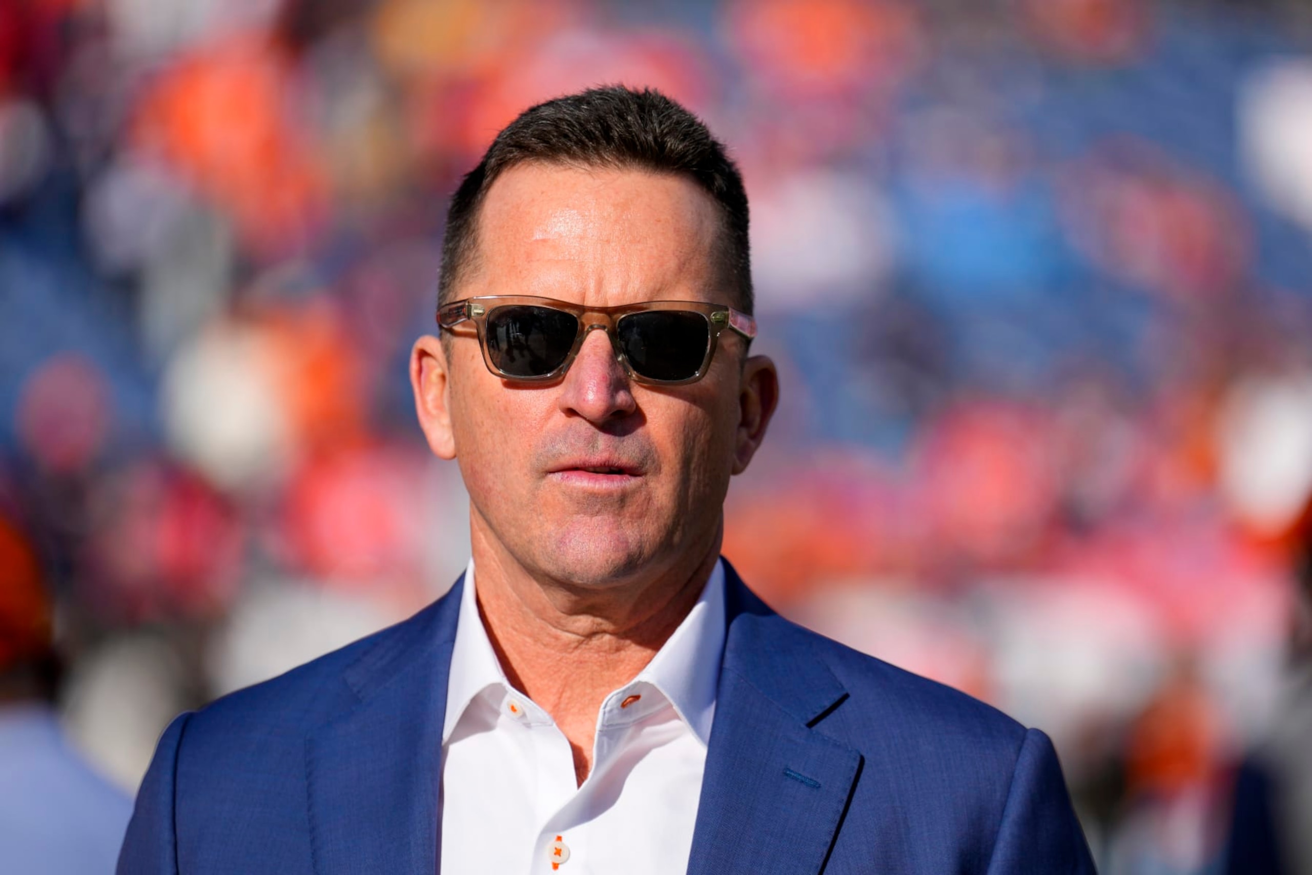 Denver Broncos general manager George Paton looks on against the Los Angeles Chargers during an NFL football game, Sunday, Jan. 8, 2023, in Denver. (AP Photo/Jack Dempsey)