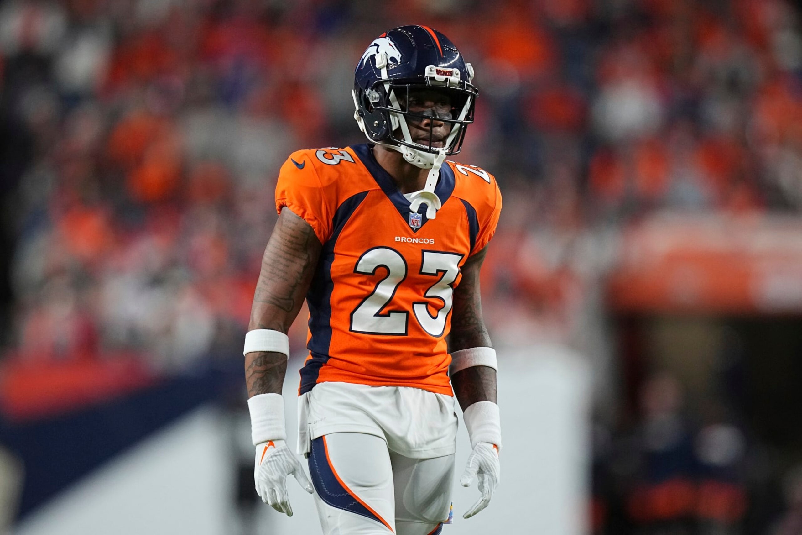 Denver Broncos cornerback Ronald Darby (23) celebrates against the Indianapolis Colts of an NFL football game Thursday, Oct 6, 2022, in Denver. (AP Photo/Bart Young)