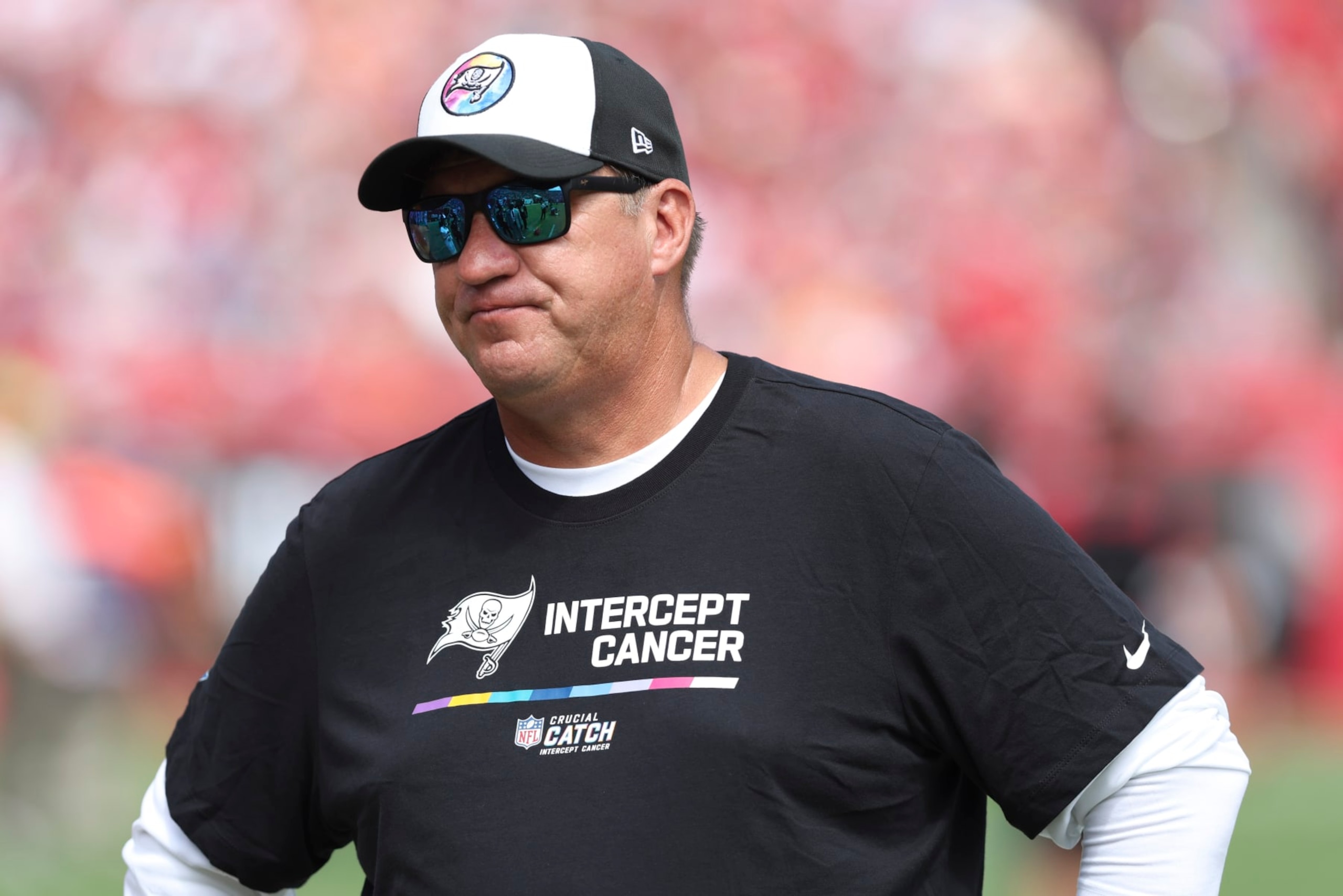 Tampa Bay Buccaneers General Manager Jason Licht walks on the sidelines during the first half of an NFL football game between the Tampa Bay Buccaneers and the Atlanta Falcons Sunday, Oct. 9, 2022, in Tampa, Fla. (AP Photo/Mark LoMoglio)