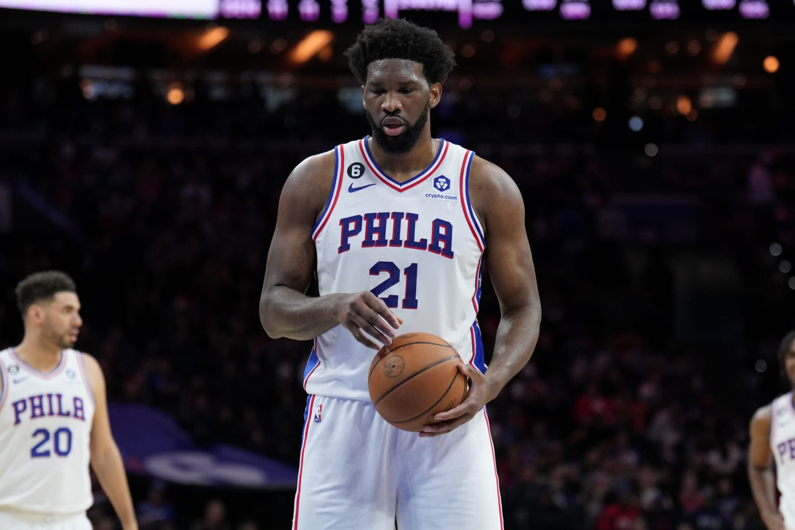 PHILADELPHIA, PA - JANUARY 28: Joel Embiid #21 of the Philadelphia 76ers prepares to shoot a free throw during the game against the Denver Nuggets on January 28, 2023 at the Wells Fargo Center in Philadelphia, Pennsylvania NOTE TO USER: User expressly acknowledges and agrees that, by downloading and/or using this Photograph, user is consenting to the terms and conditions of the Getty Images License Agreement. Mandatory Copyright Notice: Copyright 2023 NBAE (Photo by Jesse D. Garrabrant/NBAE via Getty Images) PHILADELPHIA, PA - JANUARY 28: Joel Embiid #21 of the Philadelphia 76ers prepares to shoot a free throw during the game against the Denver Nuggets on January 28, 2023 at the Wells Fargo Center in Philadelphia, Pennsylvania NOTE TO USER: User expressly acknowledges and agrees that, by downloading and/or using this Photograph, user is consenting to the terms and conditions of the Getty Images License Agreement. Mandatory Copyright Notice: Copyright 2023 NBAE (Photo by Jesse D. Garrabrant/NBAE via Getty Images)