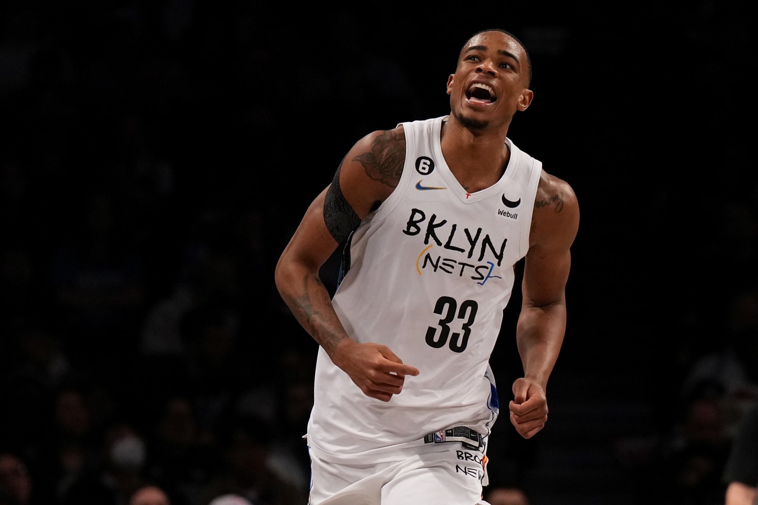 NEW YORK, NEW YORK - JANUARY 26: Nic Claxton #33 of the Brooklyn Nets reacts after making a basket against the Detroit Pistons during the game at Barclays Center on January 26, 2023 in New York City. NOTE TO USER: User expressly acknowledges and agrees that, by downloading and or using this Photograph, user is consenting to the terms and conditions of the Getty Images License Agreement. (Photo by Mike Stobe/Getty Images)