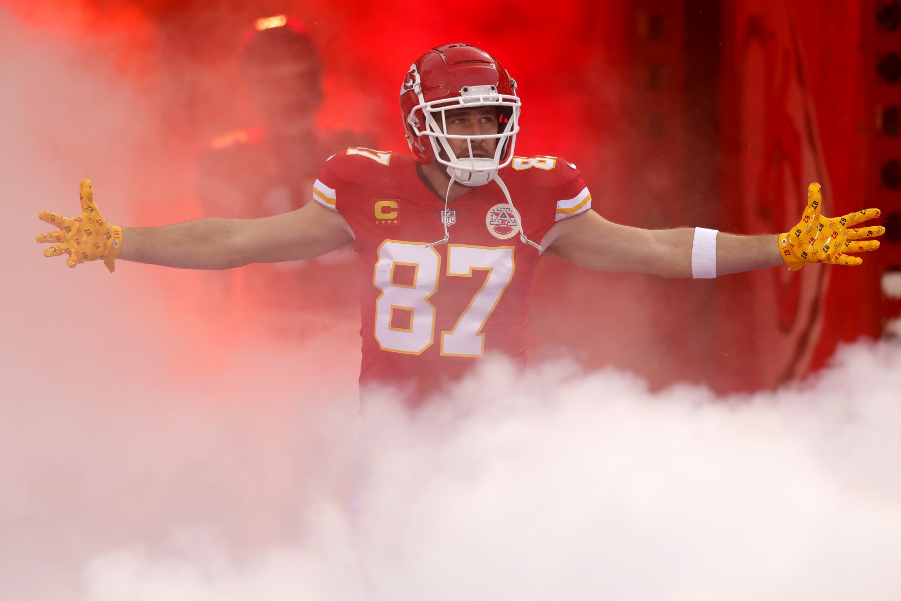 KANSAS CITY, MISSOURI - JANUARY 21: Travis Kelce #87 of the Kansas City Chiefs takes the field prior to the AFC Divisional Playoff game against the Jacksonville Jaguars at Arrowhead Stadium on January 21, 2023 in Kansas City, Missouri. (Photo by David Eulitt/Getty Images)