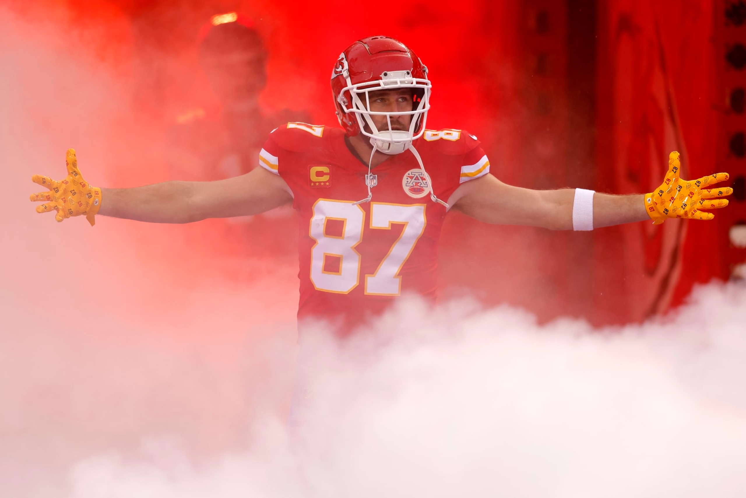 KANSAS CITY, MISSOURI - JANUARY 21: Travis Kelce #87 of the Kansas City Chiefs takes the field prior to the AFC Divisional Playoff game against the Jacksonville Jaguars at Arrowhead Stadium on January 21, 2023 in Kansas City, Missouri. (Photo by David Eulitt/Getty Images)