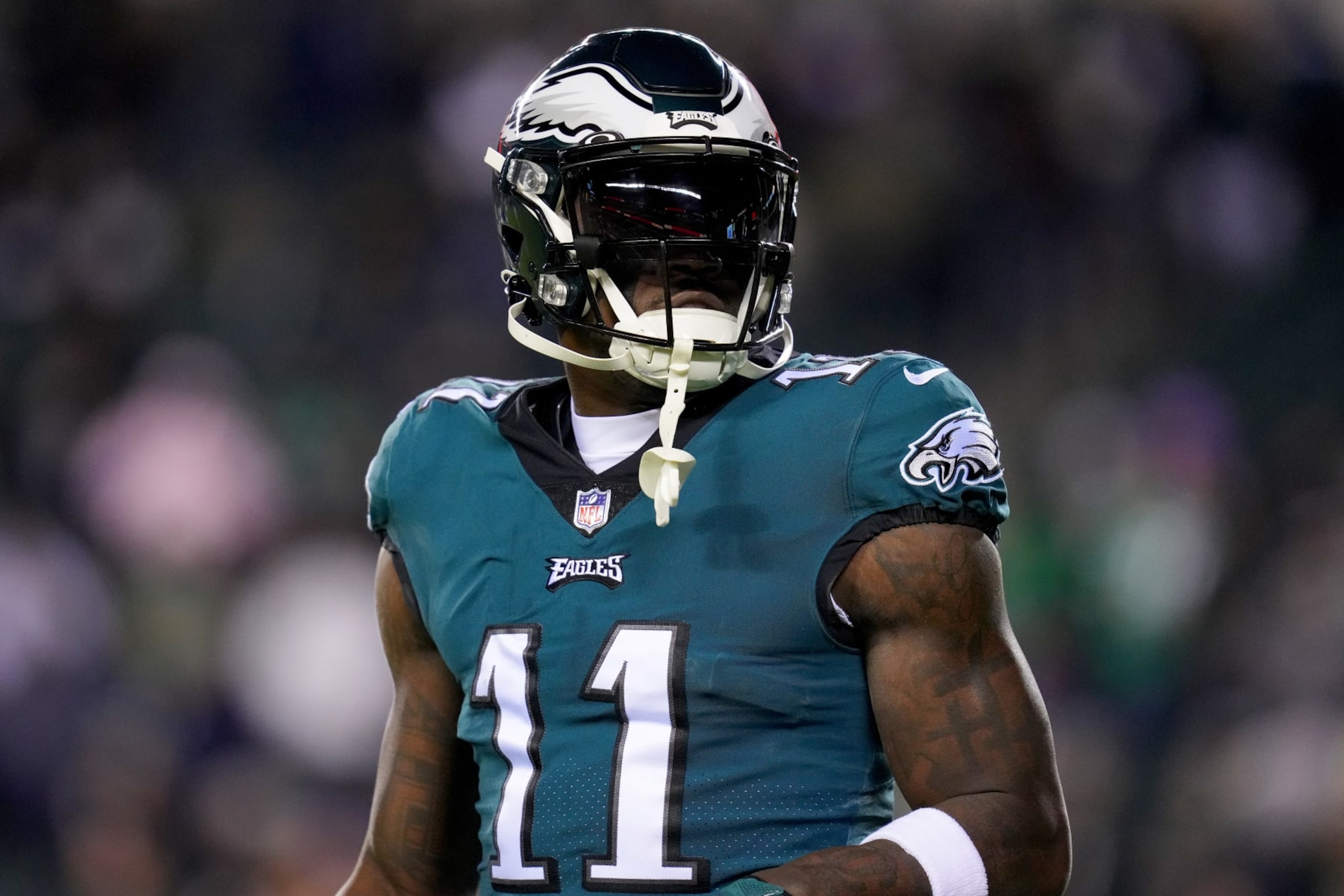 PHILADELPHIA, PENNSYLVANIA - JANUARY 21: A.J. Brown #11 of the Philadelphia Eagles  in the NFC Divisional Playoff game at Lincoln Financial Field on January 21, 2023 in Philadelphia, Pennsylvania. (Photo by Mitchell Leff/Getty Images)