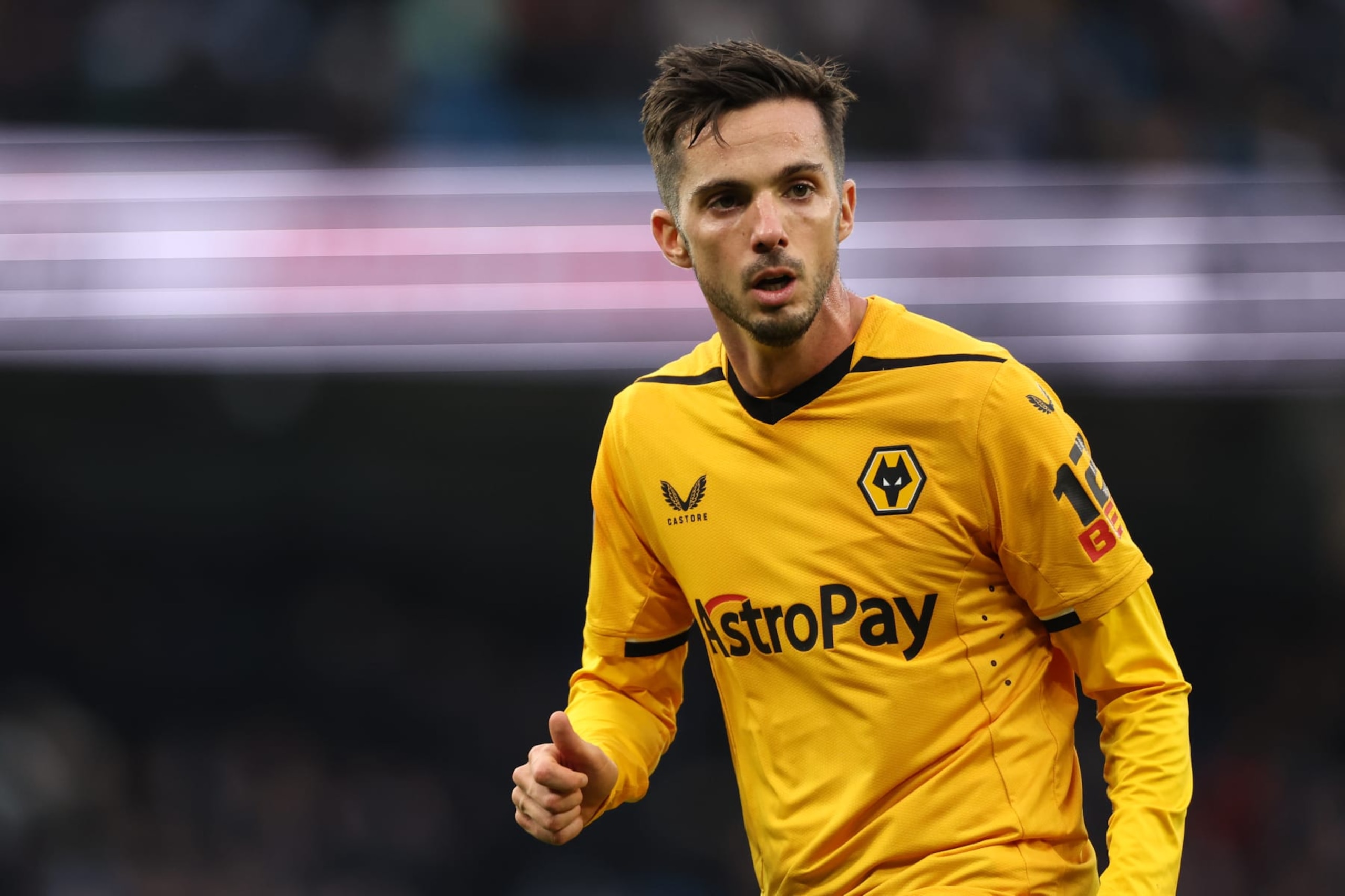 MANCHESTER, ENGLAND - JANUARY 22: Pablo Sarabia of Wolverhampton Wanderers during the Premier League match between Manchester City and Wolverhampton Wanderers at Etihad Stadium on January 22, 2023 in Manchester, United Kingdom.  (Photo by Matthew Ashton - AMA/Getty Images)