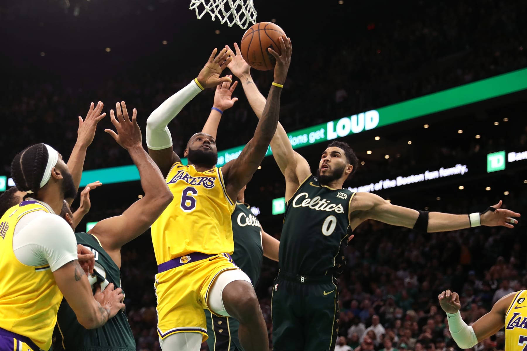 BOSTON, MASSACHUSETTS - JANUARY 28: Jayson Tatum #0 of the Boston Celtics defends LeBron James #6 of the Los Angeles Lakers in the final shot of regulation play during the fourth quarter  at TD Garden on January 28, 2023 in Boston, Massachusetts. The Celtics defeat the Lakers in overtime 125-121.  (Photo by Maddie Meyer/Getty Images)