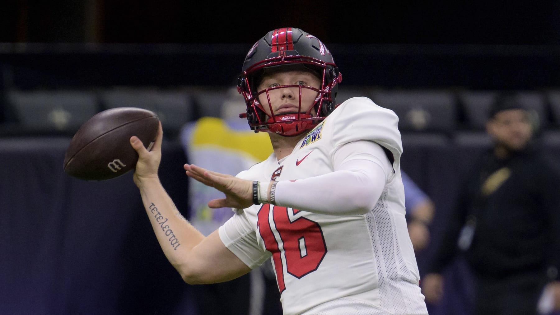 Western Kentucky quarterback Austin Reed (16) throws during the New Orleans Bowl NCAA football game in New Orleans, Wednesday, Dec. 21, 2022. (AP Photo/Matthew Hinton)
