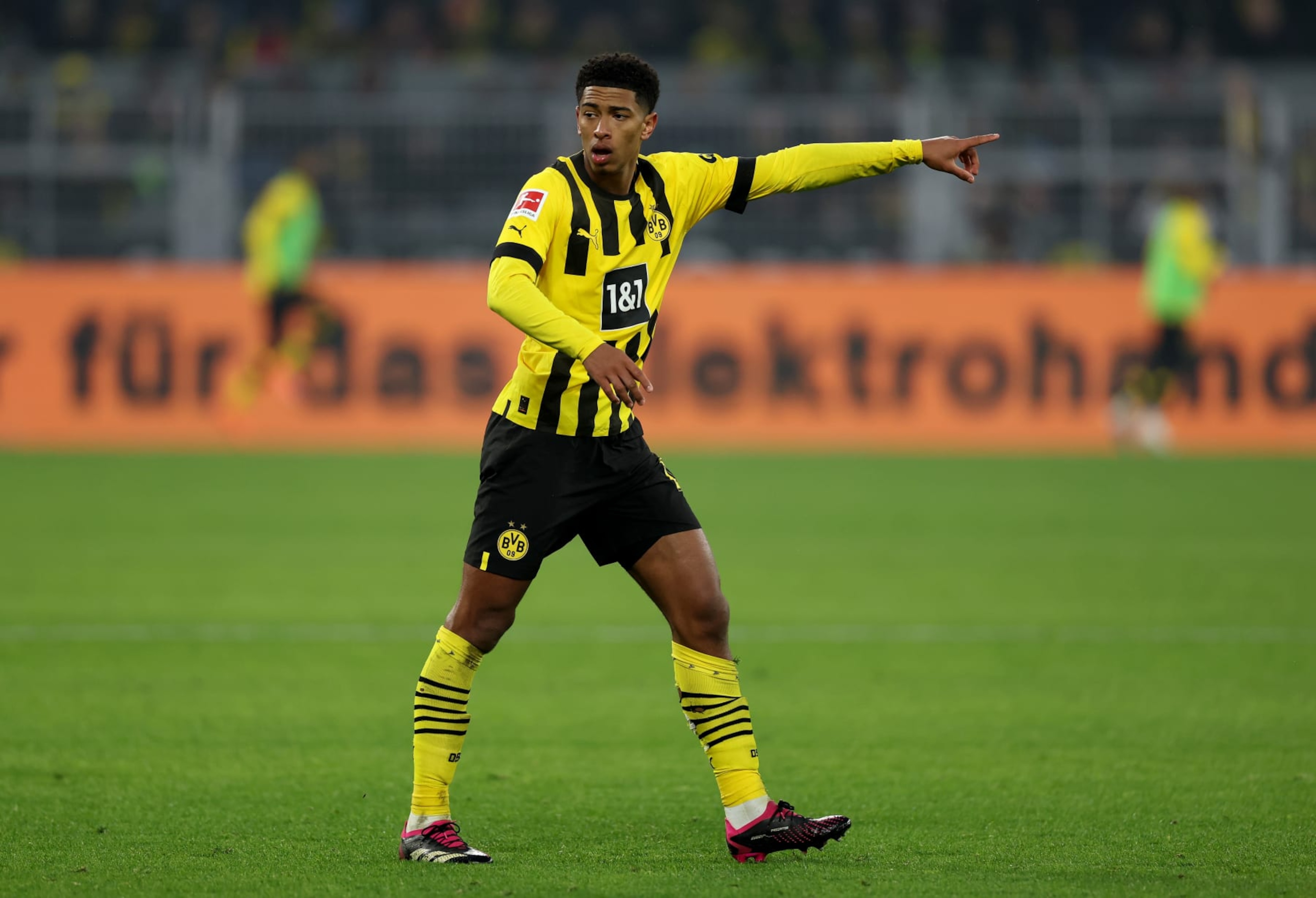 DORTMUND, GERMANY - JANUARY 22: Jude Bellingham of Dortmund reacts during the Bundesliga match between Borussia Dortmund and FC Augsburg at Signal Iduna Park on January 22, 2023 in Dortmund, Germany. (Photo by Lars Baron/Getty Images)