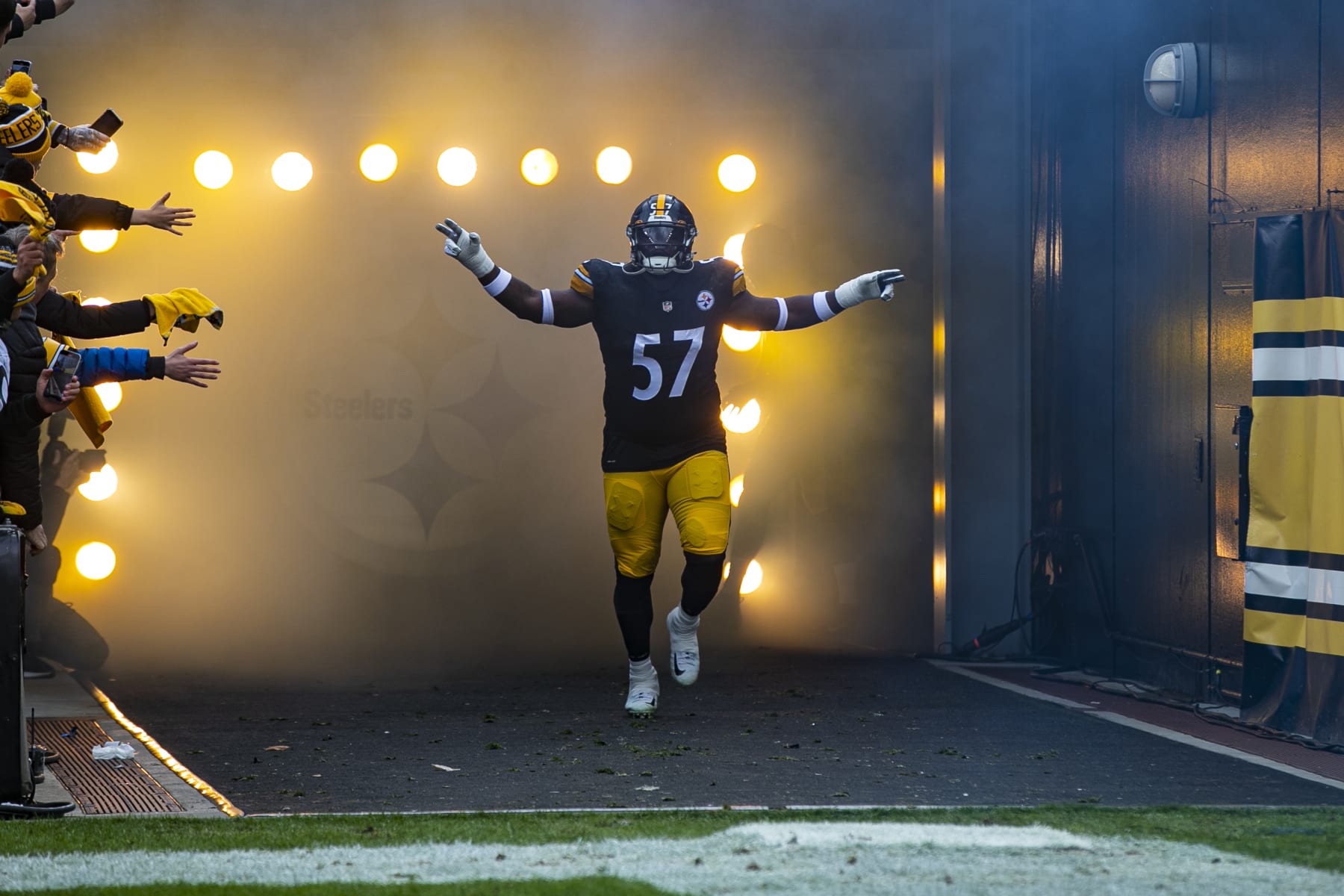 PITTSBURGH, PA - NOVEMBER 13: Pittsburgh Steelers defensive tackle Montravius Adams (57) is announced during the national football league game between the New Orleans Saints and the Pittsburgh Steelers on November 13, 2022 at Acrisure Stadium in Pittsburgh, PA. (Photo by Mark Alberti/Icon Sportswire via Getty Images)