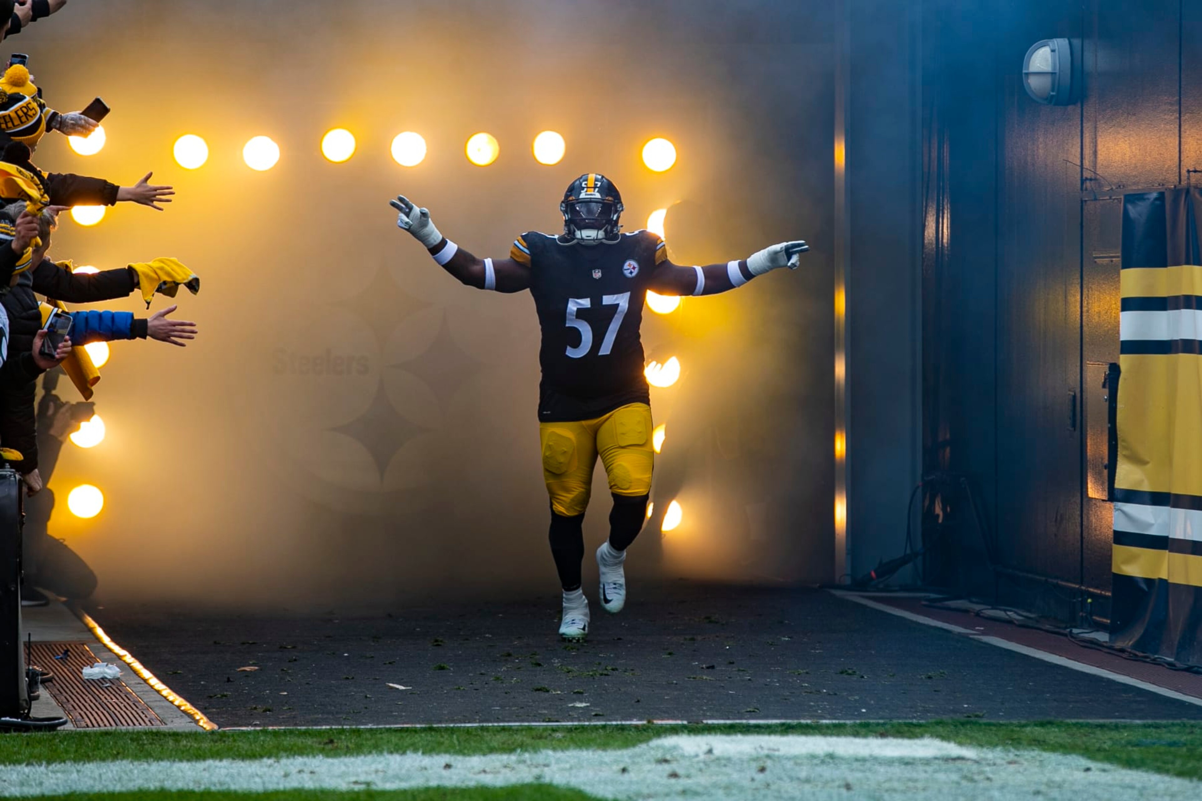 PITTSBURGH, PA - NOVEMBER 13: Pittsburgh Steelers defensive tackle Montravius Adams (57) is announced during the national football league game between the New Orleans Saints and the Pittsburgh Steelers on November 13, 2022 at Acrisure Stadium in Pittsburgh, PA. (Photo by Mark Alberti/Icon Sportswire via Getty Images)