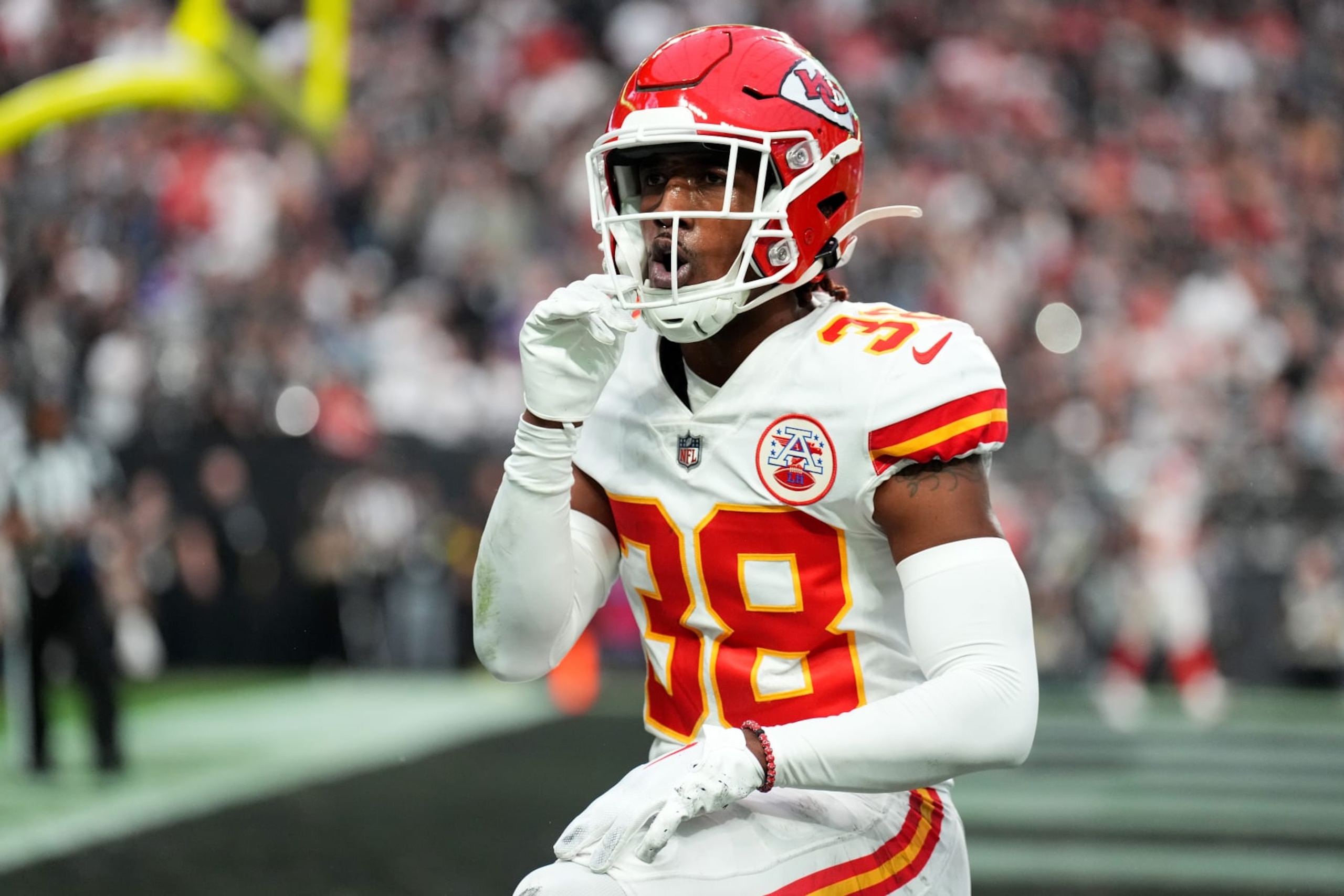 LAS VEGAS, NEVADA - JANUARY 07: L'Jarius Sneed #38 of the Kansas City Chiefs reacts after forcing an incomplete pass against the Las Vegas Raiders during the second quarter of the game at Allegiant Stadium on January 07, 2023 in Las Vegas, Nevada. (Photo by Chris Unger/Getty Images)