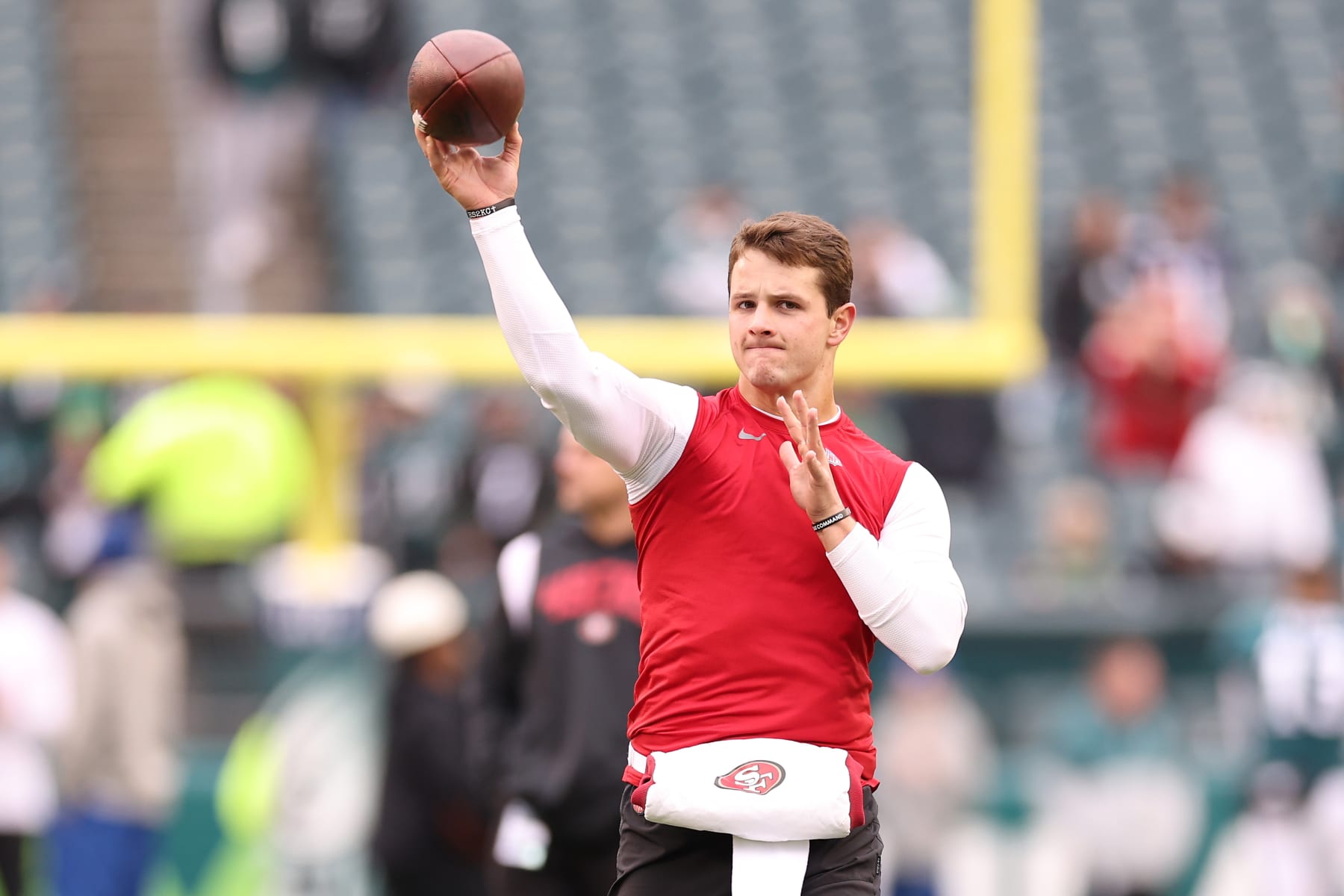 PHILADELPHIA, PENNSYLVANIA - JANUARY 29: Brock Purdy #13 of the San Francisco 49ers warms up prior to the NFC Championship Game against the Philadelphia Eagles at Lincoln Financial Field on January 29, 2023 in Philadelphia, Pennsylvania. (Photo by Tim Nwachukwu/Getty Images)