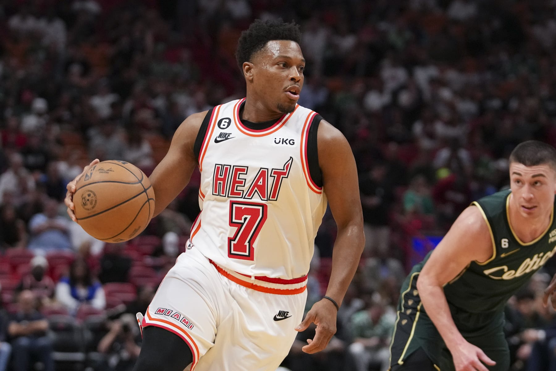 MIAMI, FLORIDA - JANUARY 24: Kyle Lowry #7 of the Miami Heat drives to the basket during the first half of the game against the Boston Celtics at Miami-Dade Arena on January 24, 2023 in Miami, Florida. NOTE TO USER: User expressly acknowledges and agrees that,  by downloading and or using this photograph,  User is consenting to the terms and conditions of the Getty Images License Agreement. (Photo by Eric Espada/Getty Images)
