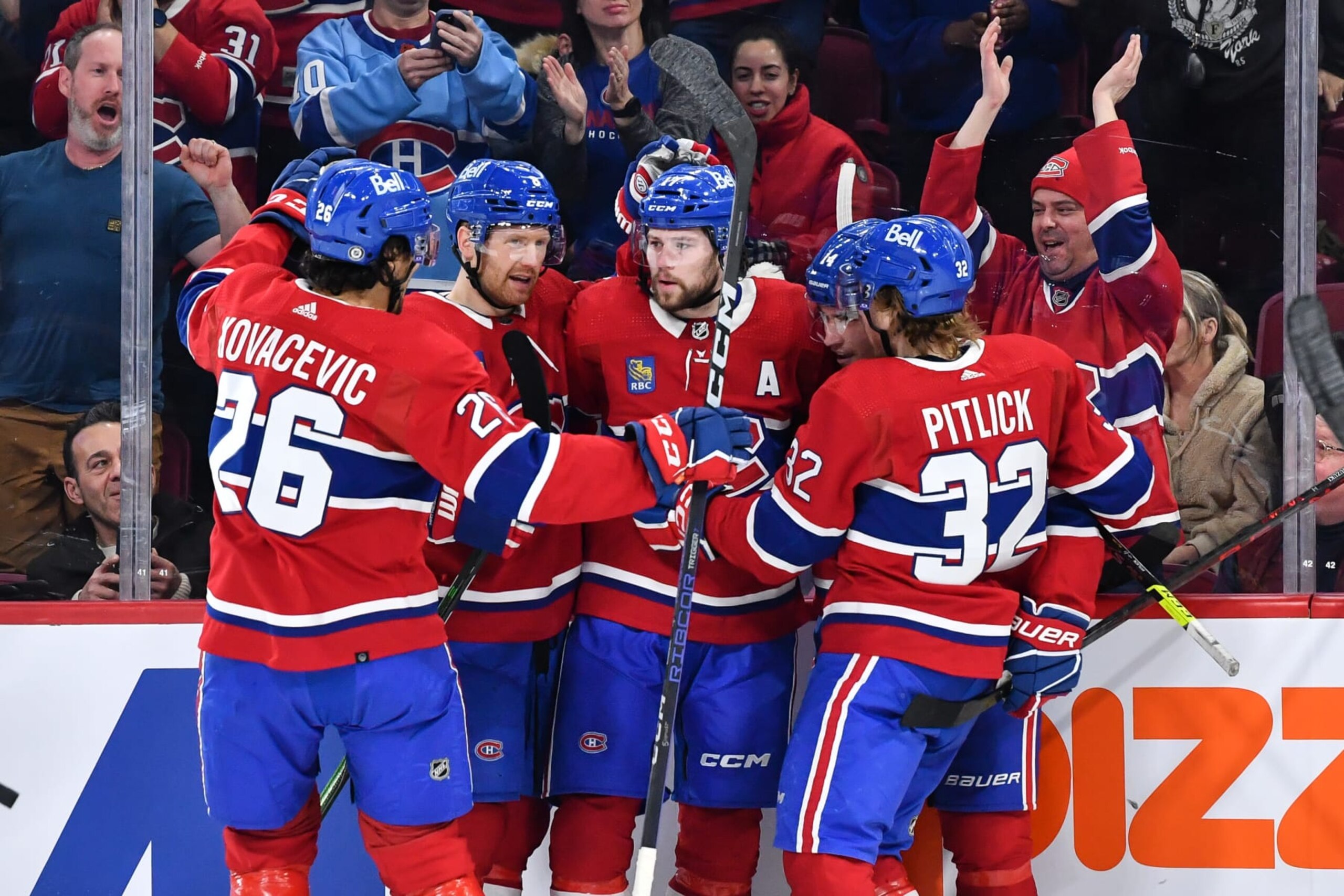 MONTREAL, CANADA - JANUARY 21:  Josh Anderson #17 of the Montreal Canadiens celebrates his goal with teammates Johnathan Kovacevic #26, Mike Matheson #8, Nick Suzuki #14 and Rem Pitlick #32 during the second period against the Toronto Maple Leafs at Centre Bell on January 21, 2023 in Montreal, Quebec, Canada.  (Photo by Minas Panagiotakis/Getty Images)