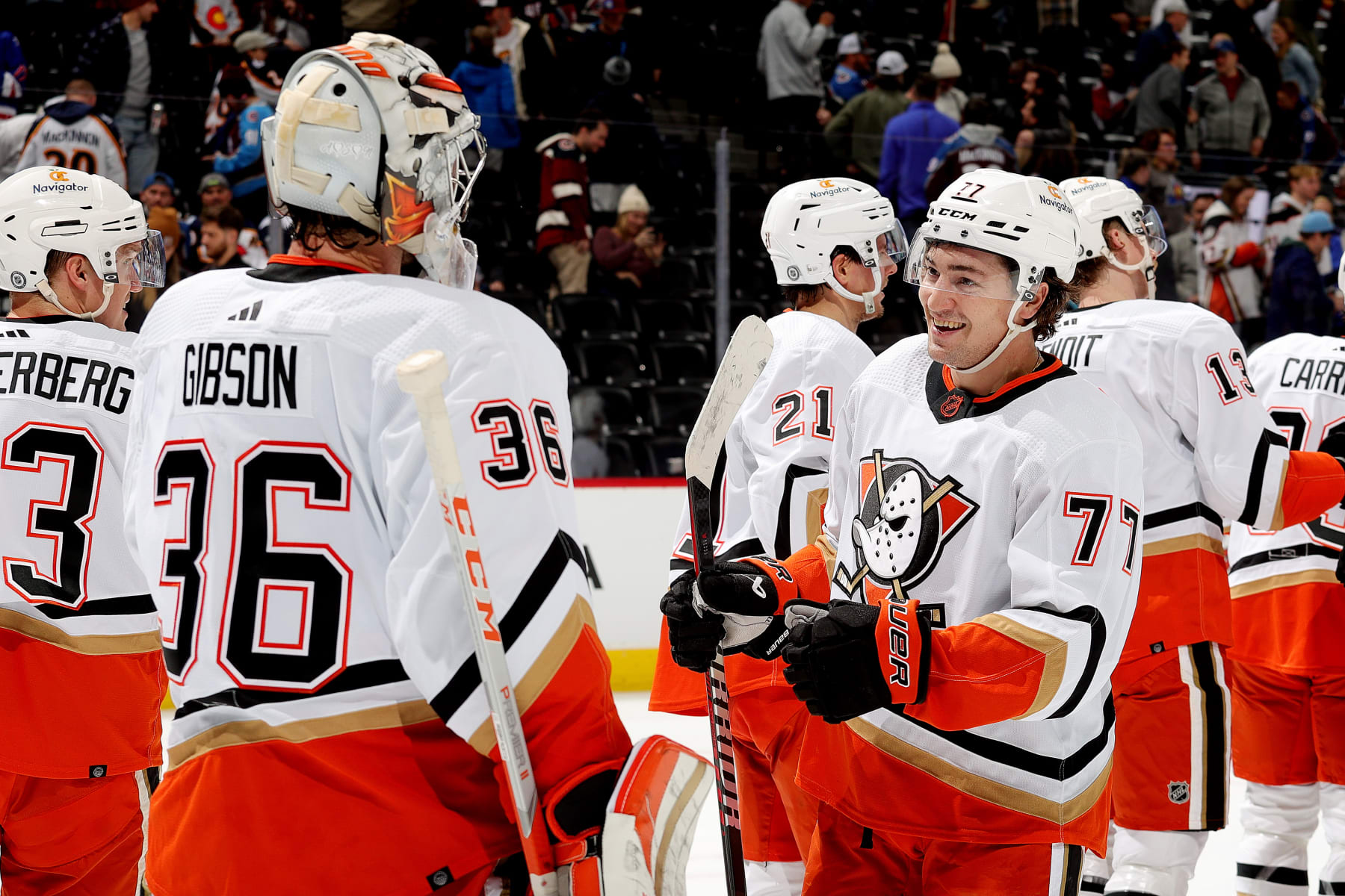 DENVER, COLORADO - JANUARY 26: Goaltender John Gibson #36 and Frank Vatrano #77 of the Anaheim Ducks celebrate a win against the Colorado Avalanche at Ball Arena on January 26, 2023 in Denver, Colorado. The Ducks defeated the Avalanche 5-3. (Photo by Michael Martin/NHLI via Getty Images)