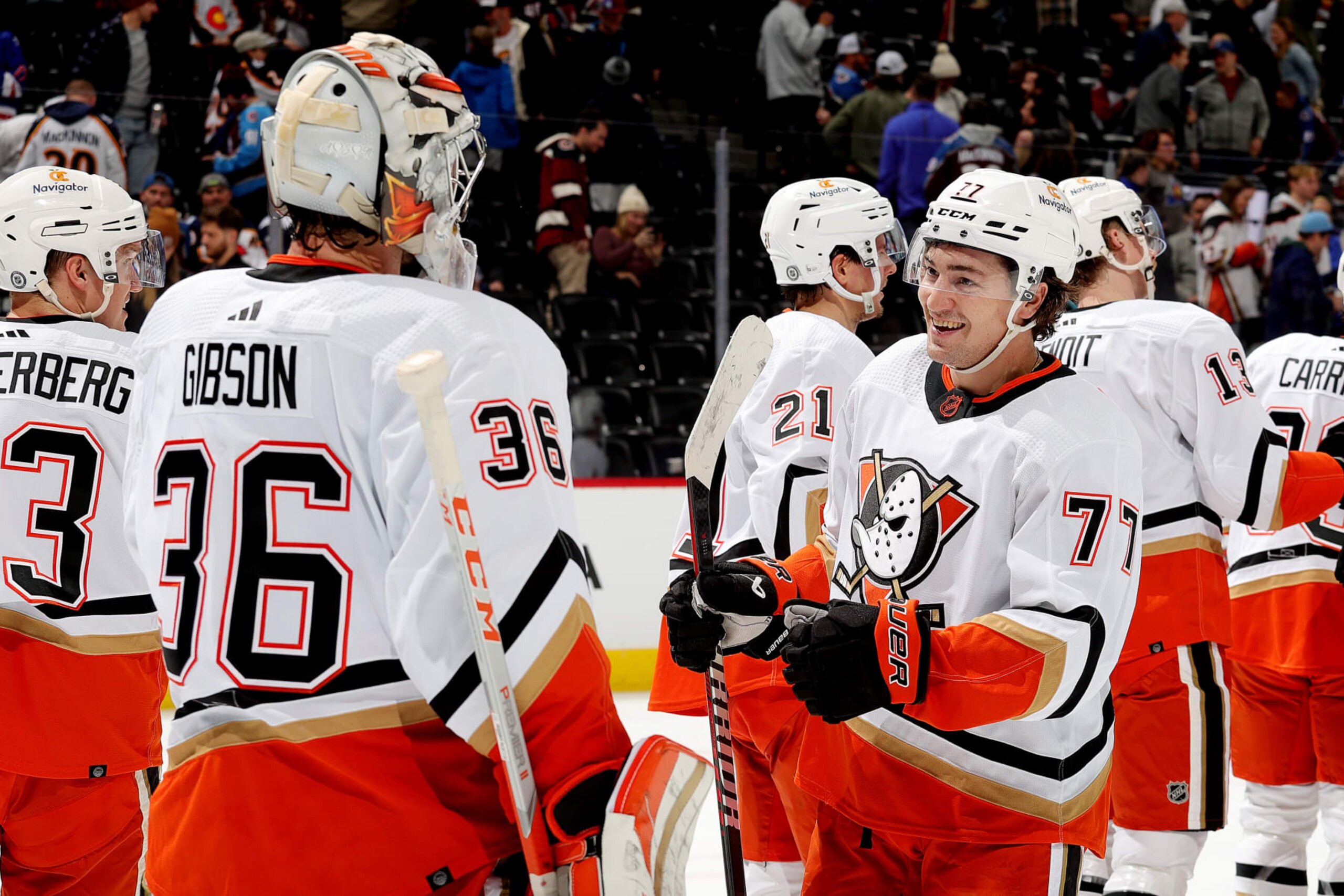 DENVER, COLORADO - JANUARY 26: Goaltender John Gibson #36 and Frank Vatrano #77 of the Anaheim Ducks celebrate a win against the Colorado Avalanche at Ball Arena on January 26, 2023 in Denver, Colorado. The Ducks defeated the Avalanche 5-3. (Photo by Michael Martin/NHLI via Getty Images)