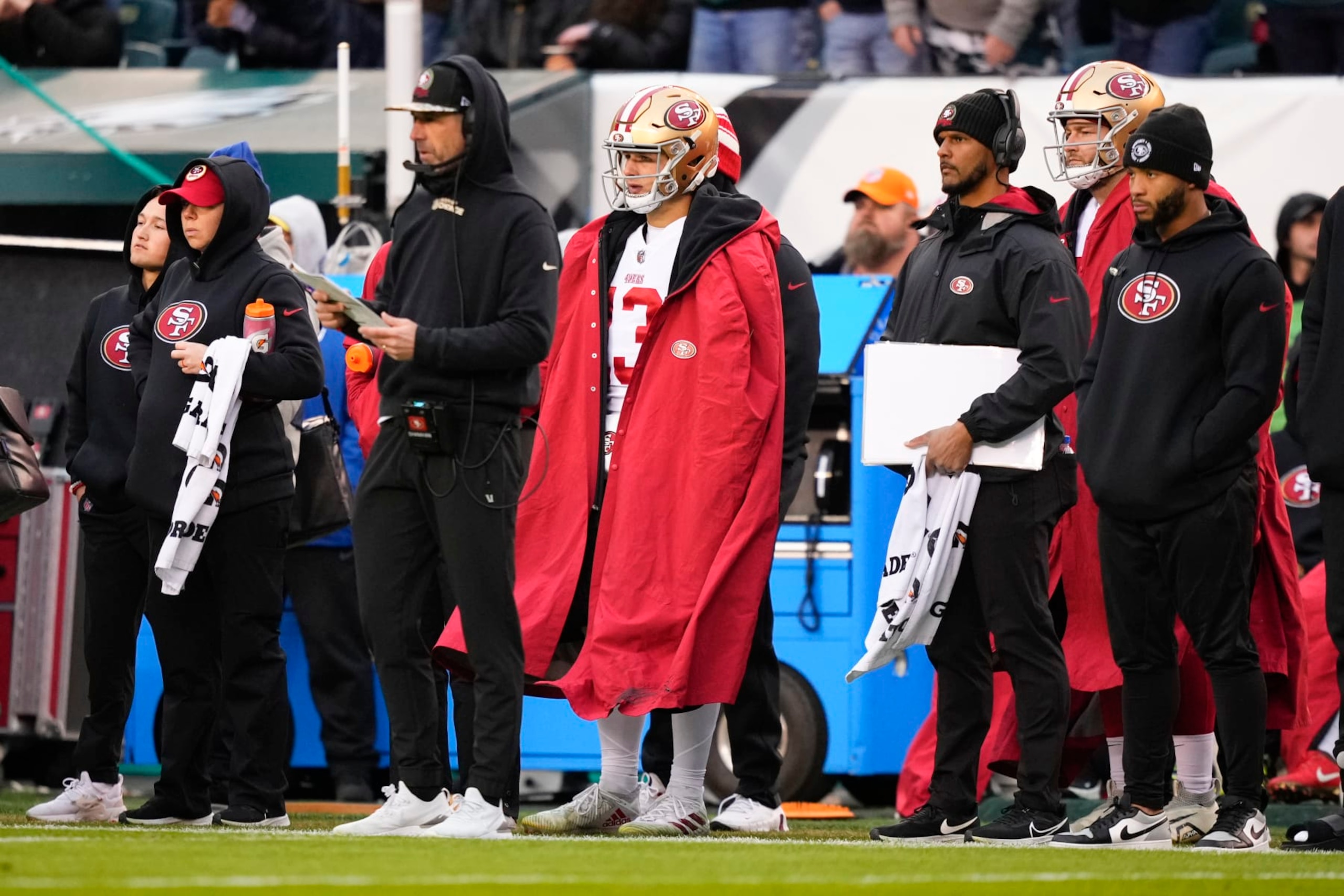 Philadelphia Eagles punter Brett Kern, center, looks on from the sideline during the first half of the NFC Championship NFL football game between the Philadelphia Eagles and the San Francisco 49ers on Sunday, Jan. 29, 2023, in Philadelphia. (AP Photo/Matt Slocum)