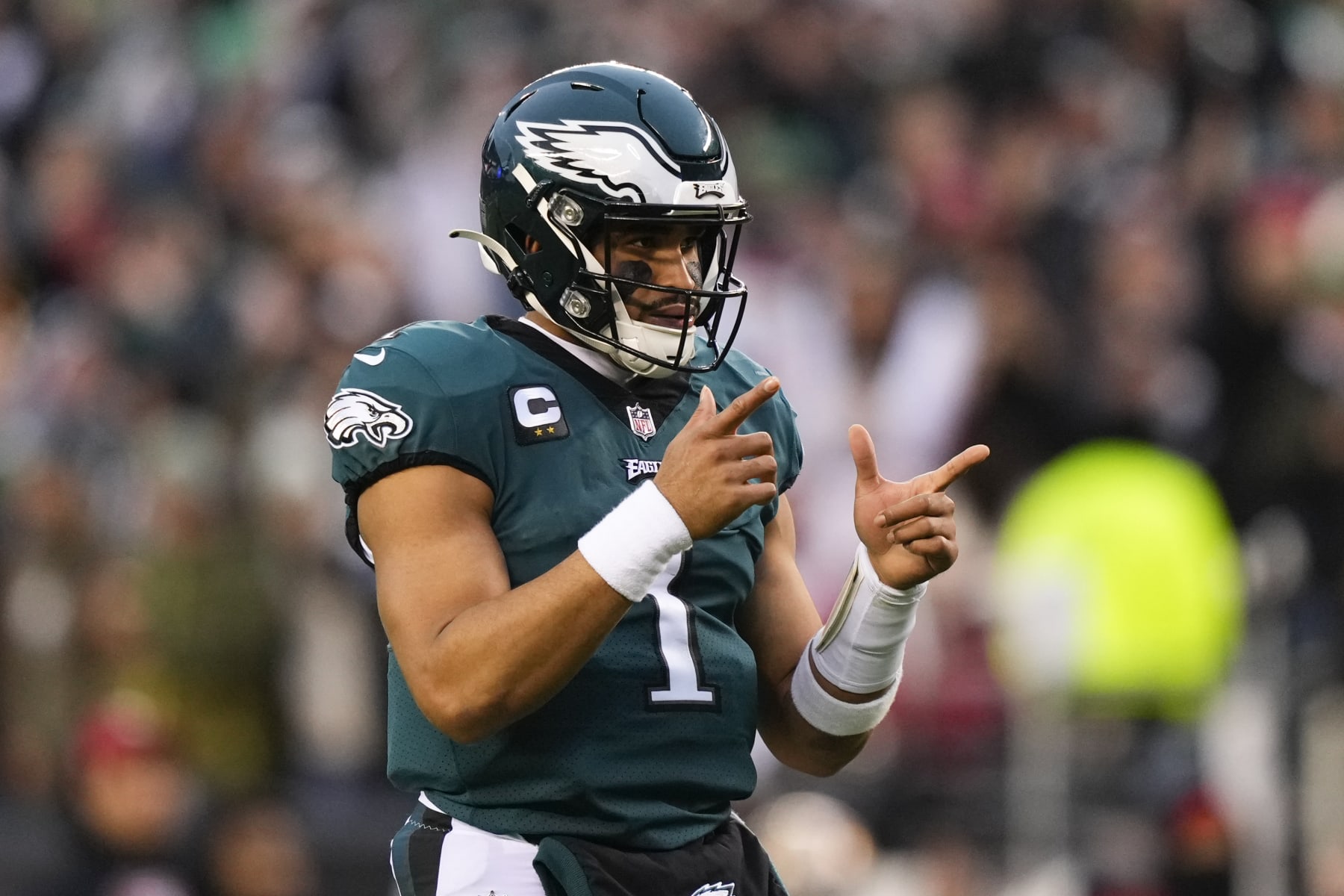 Philadelphia Eagles quarterback Jalen Hurts gestures during the first half of the NFC Championship NFL football game between the Philadelphia Eagles and the San Francisco 49ers on Sunday, Jan. 29, 2023, in Philadelphia. (AP Photo/Matt Slocum)