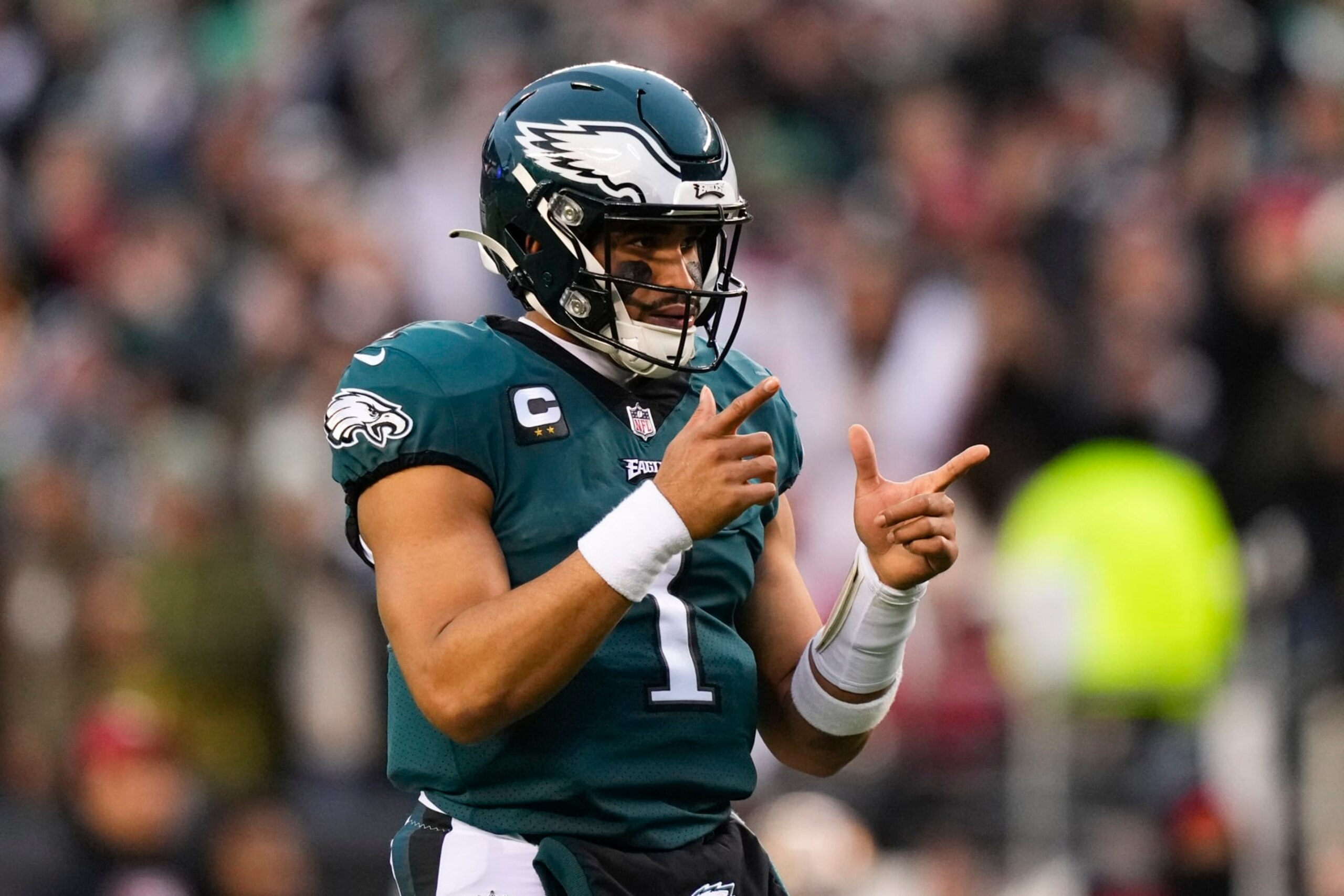 Philadelphia Eagles quarterback Jalen Hurts gestures during the first half of the NFC Championship NFL football game between the Philadelphia Eagles and the San Francisco 49ers on Sunday, Jan. 29, 2023, in Philadelphia. (AP Photo/Matt Slocum)
