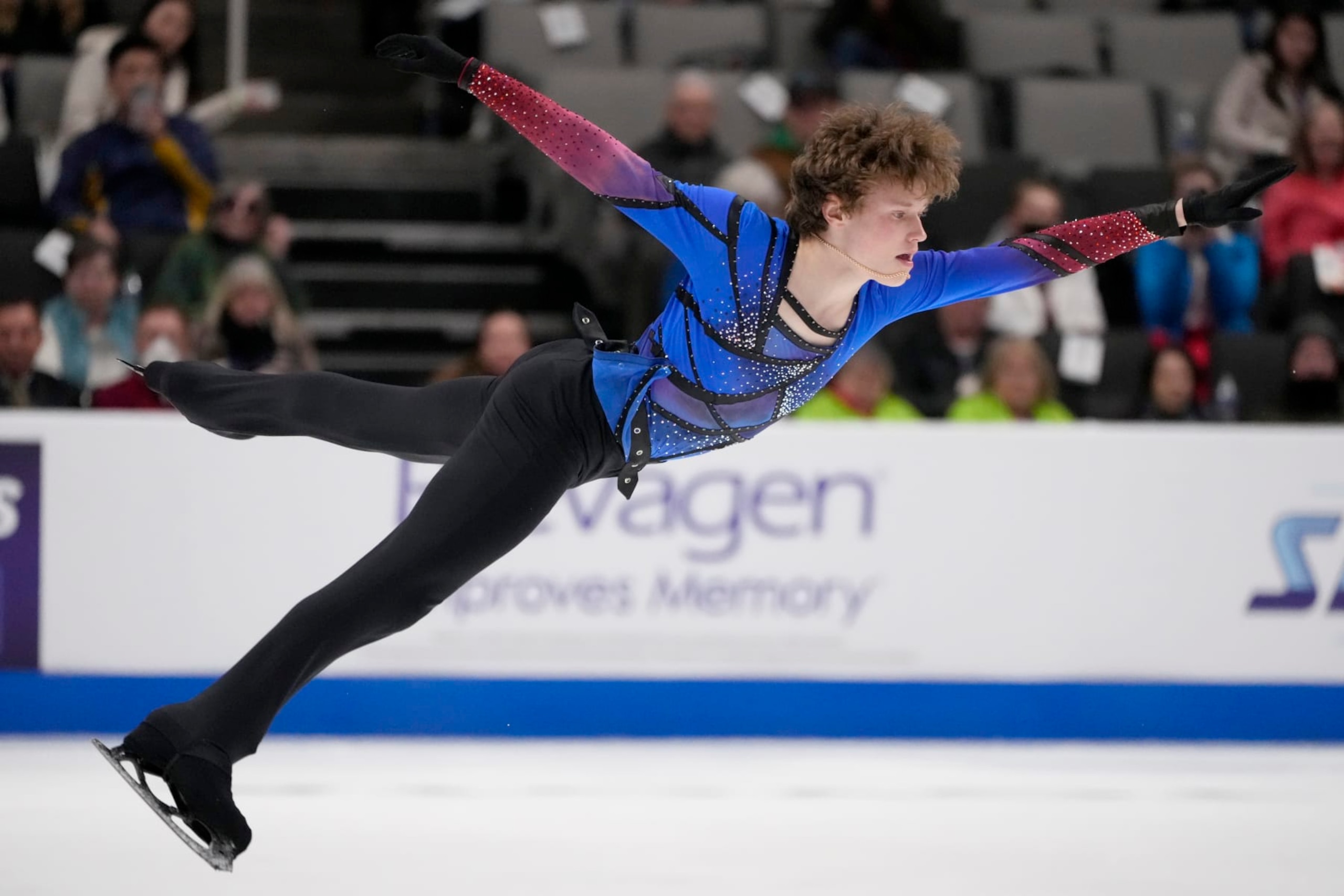 Ilia Malinin performs during the men's free skate at the U.S. figure skating championships in San Jose, Calif., Sunday, Jan. 29, 2023. (AP Photo/Tony Avelar)