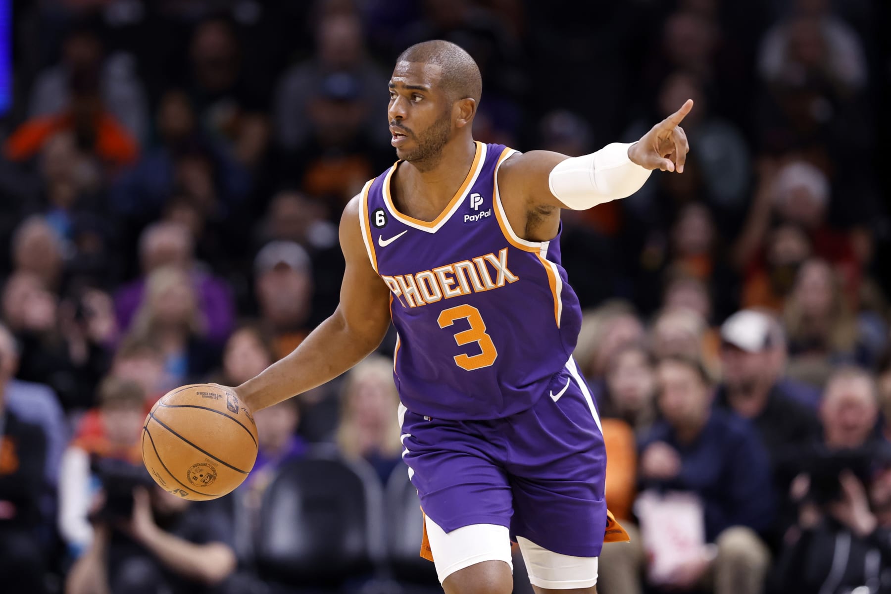 PHOENIX, ARIZONA - JANUARY 24: Chris Paul #3 of the Phoenix Suns during the game against the Charlotte Hornets at Footprint Center on January 24, 2023 in Phoenix, Arizona. The Suns beat the Hornets 128-97. NOTE TO USER: User expressly acknowledges and agrees that,  by downloading and or using this photograph,  User is consenting to the terms and conditions of the Getty Images License Agreement.  (Photo by Chris Coduto/Getty Images)