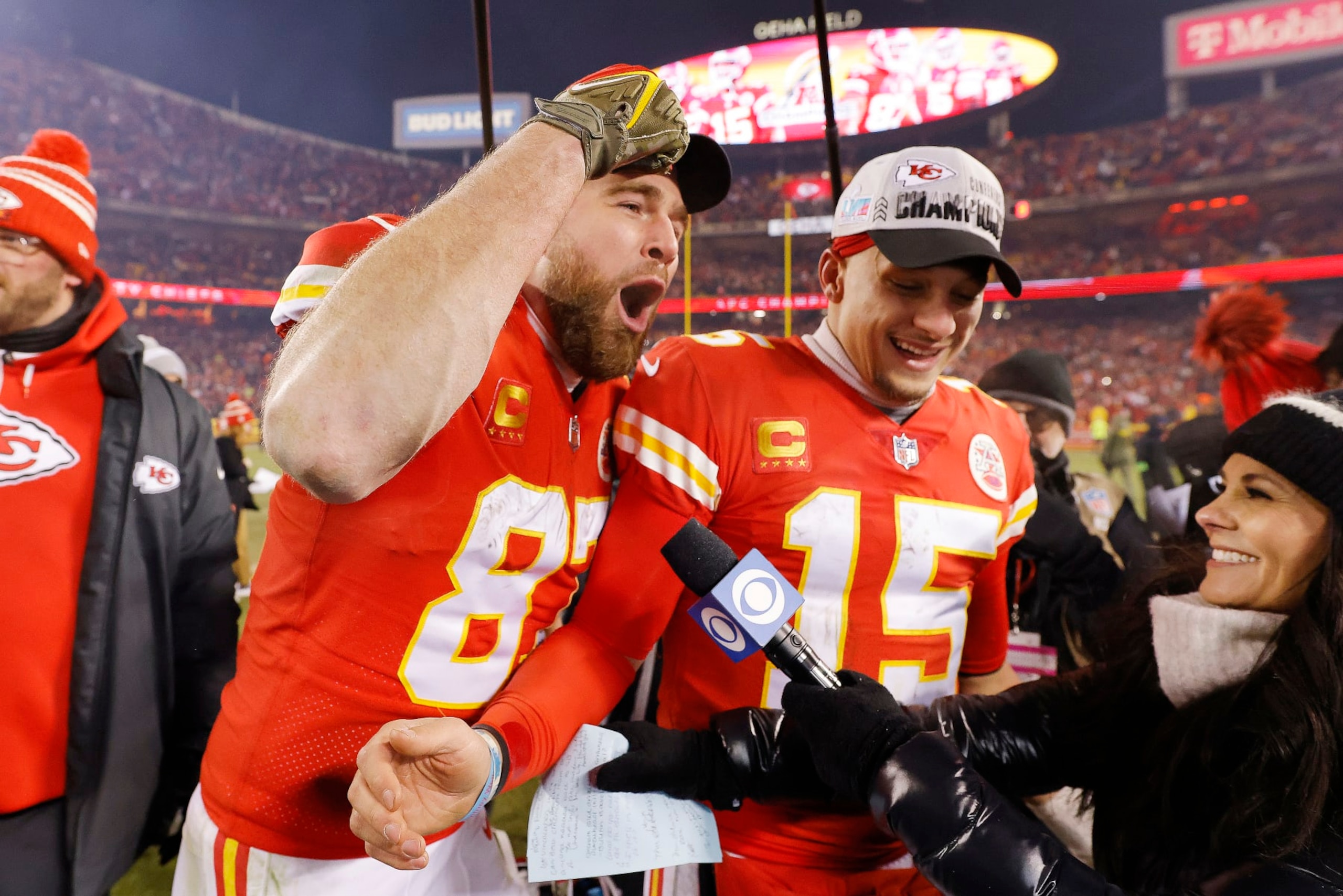 KANSAS CITY, MISSOURI - JANUARY 29: Travis Kelce #87 and Patrick Mahomes #15 of the Kansas City Chiefs celebrate after defeating the Cincinnati Bengals 23-20 in the AFC Championship Game at GEHA Field at Arrowhead Stadium on January 29, 2023 in Kansas City, Missouri. (Photo by David Eulitt/Getty Images) KANSAS CITY, MISSOURI - JANUARY 29: Travis Kelce #87 and Patrick Mahomes #15 of the Kansas City Chiefs celebrate after defeating the Cincinnati Bengals 23-20 in the AFC Championship Game at GEHA Field at Arrowhead Stadium on January 29, 2023 in Kansas City, Missouri. (Photo by David Eulitt/Getty Images)