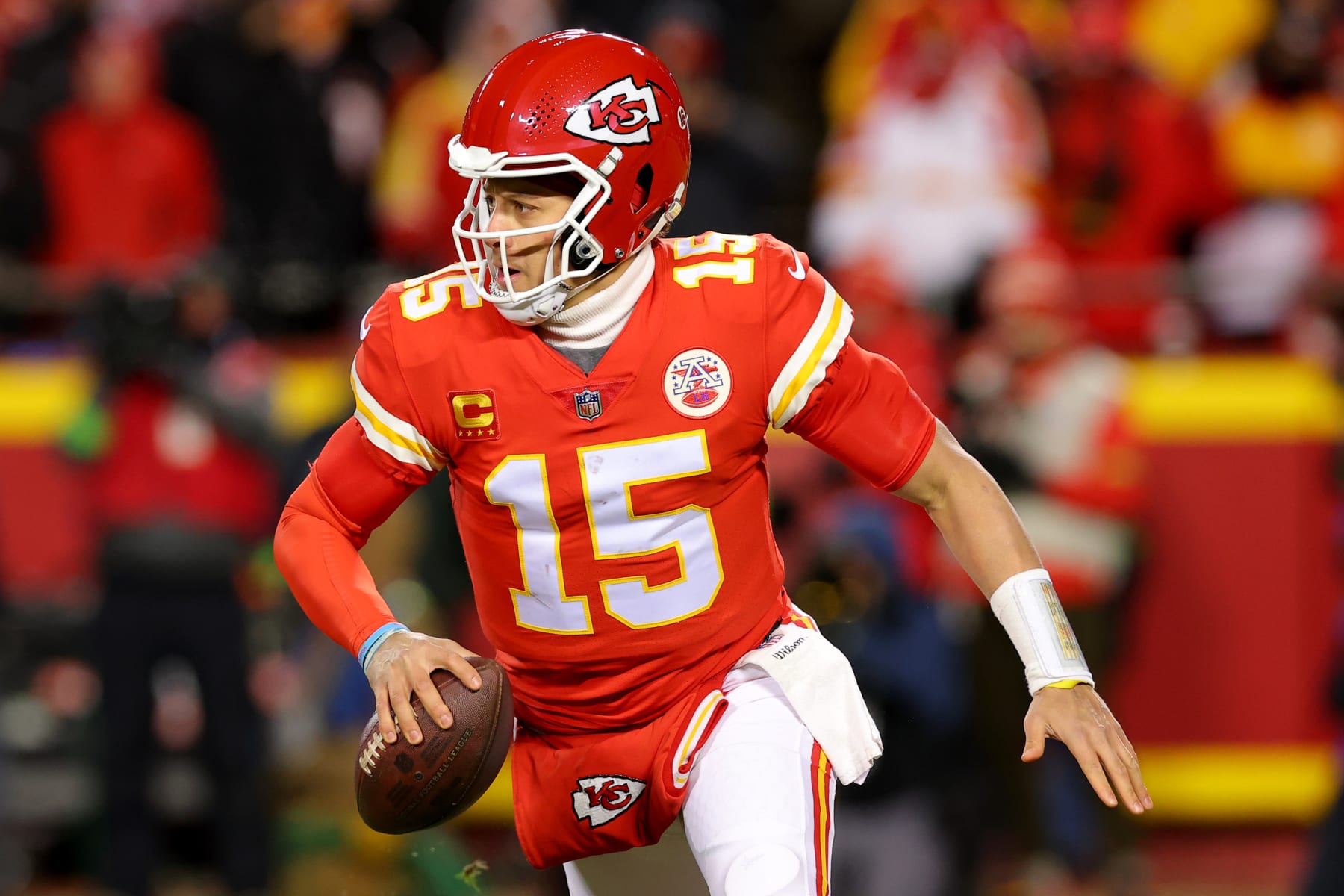 KANSAS CITY, MISSOURI - JANUARY 29: Patrick Mahomes #15 of the Kansas City Chiefs looks to pass against the Cincinnati Bengals during the third quarter in the AFC Championship Game at GEHA Field at Arrowhead Stadium on January 29, 2023 in Kansas City, Missouri. (Photo by Kevin C. Cox/Getty Images)