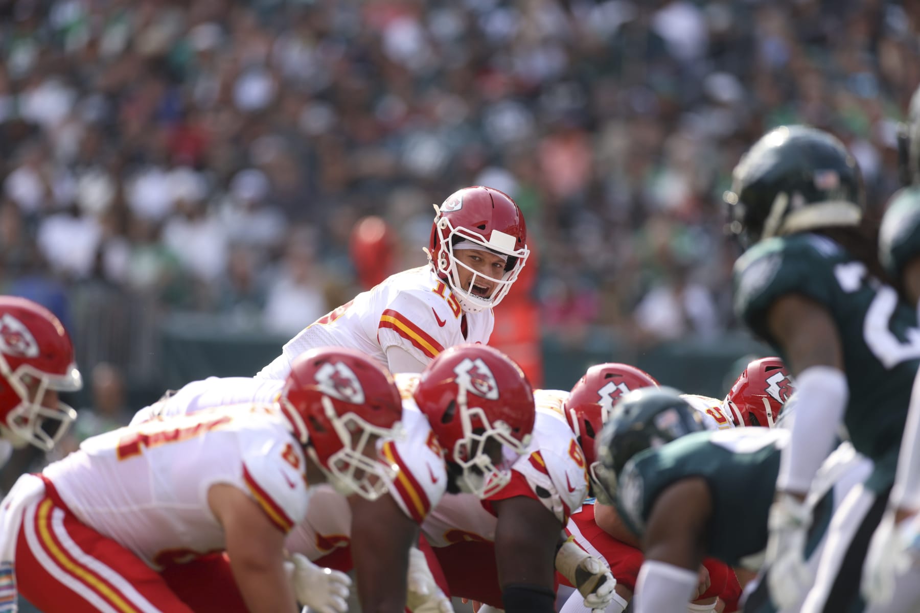 Football: Kansas City Chiefs QB Patrick Mahomes (15) calling signals during game vs Philadelphia Eagles at Lincoln Financial Field. Philadelphia, PA 10/3/2021 CREDIT: Simon Bruty (Photo by Simon Bruty/Sports Illustrated via Getty Images) (Set Number: X163819 TK1)