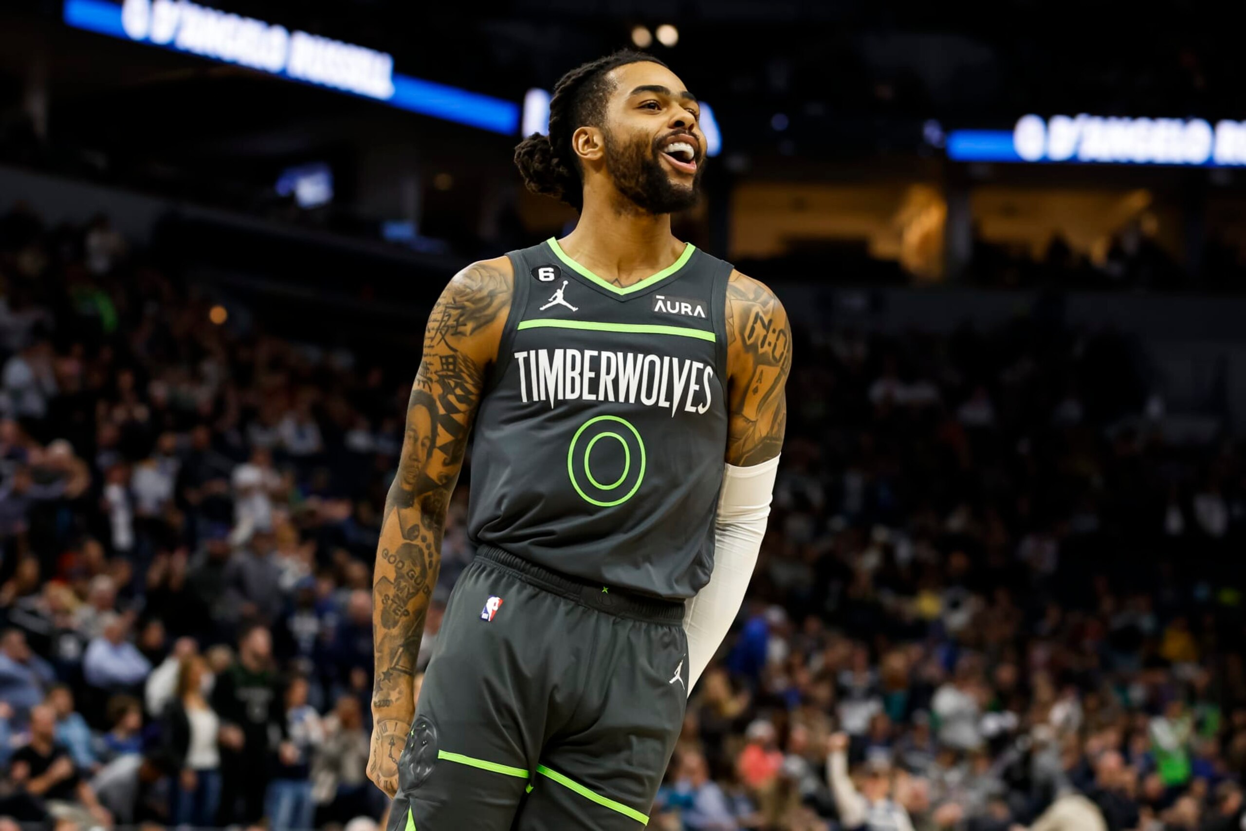 MINNEAPOLIS, MN - JANUARY 28: D'Angelo Russell #0 of the Minnesota Timberwolves celebrates a three-point basket against the Sacramento Kings in the first quarter of the game at Target Center on January 28, 2023 in Minneapolis, Minnesota. NOTE TO USER: User expressly acknowledges and agrees that, by downloading and or using this Photograph, user is consenting to the terms and conditions of the Getty Images License Agreement. (Photo by David Berding/Getty Images) MINNEAPOLIS, MN - JANUARY 28: D'Angelo Russell #0 of the Minnesota Timberwolves celebrates a three-point basket against the Sacramento Kings in the first quarter of the game at Target Center on January 28, 2023 in Minneapolis, Minnesota. NOTE TO USER: User expressly acknowledges and agrees that, by downloading and or using this Photograph, user is consenting to the terms and conditions of the Getty Images License Agreement. (Photo by David Berding/Getty Images)