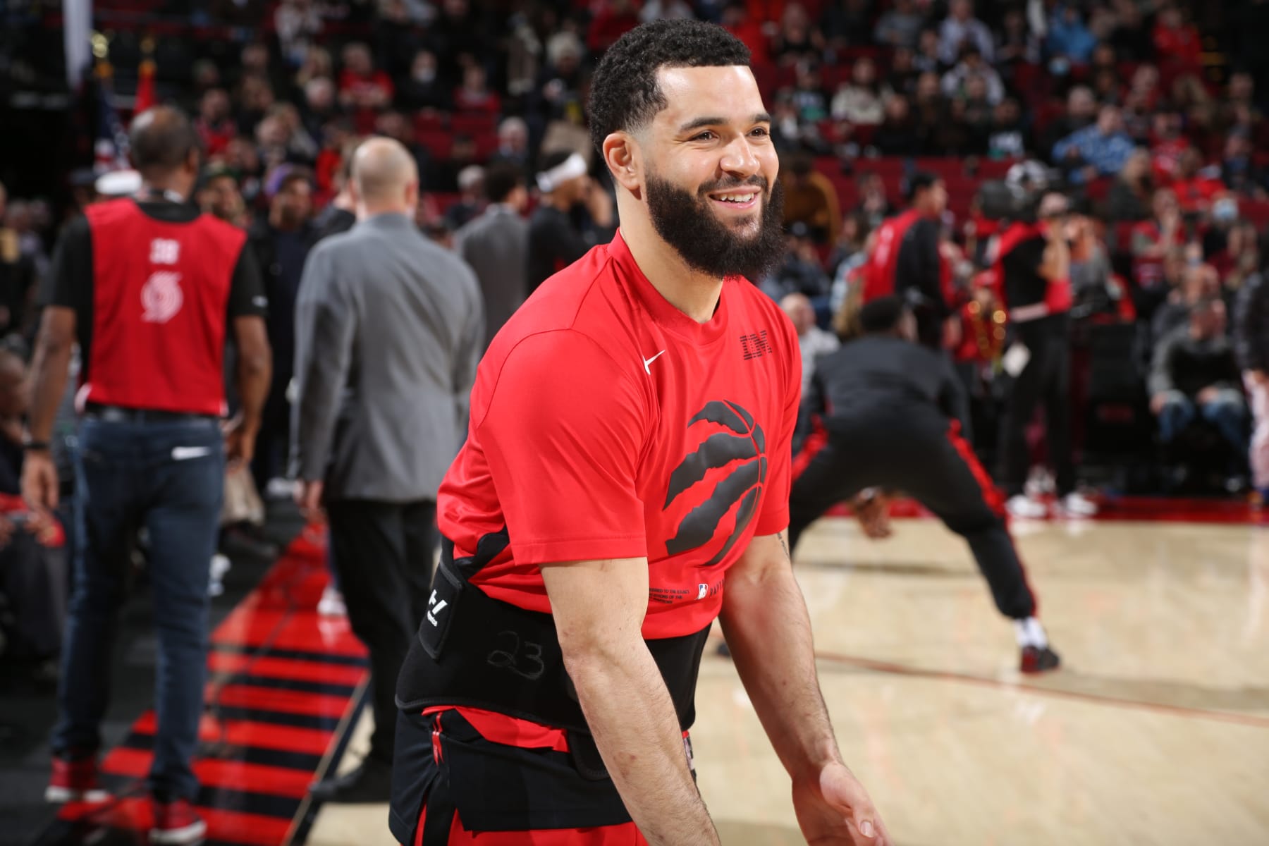 PORTLAND, OR - JANUARY 28: Fred VanVleet #23 of the Toronto Raptors smiles before the game against the Portland Trail Blazers on January 28, 2023 at the Moda Center Arena in Portland, Oregon. NOTE TO USER: User expressly acknowledges and agrees that, by downloading and or using this photograph, user is consenting to the terms and conditions of the Getty Images License Agreement. Mandatory Copyright Notice: Copyright 2023 NBAE (Photo by Sam Forencich/NBAE via Getty Images)