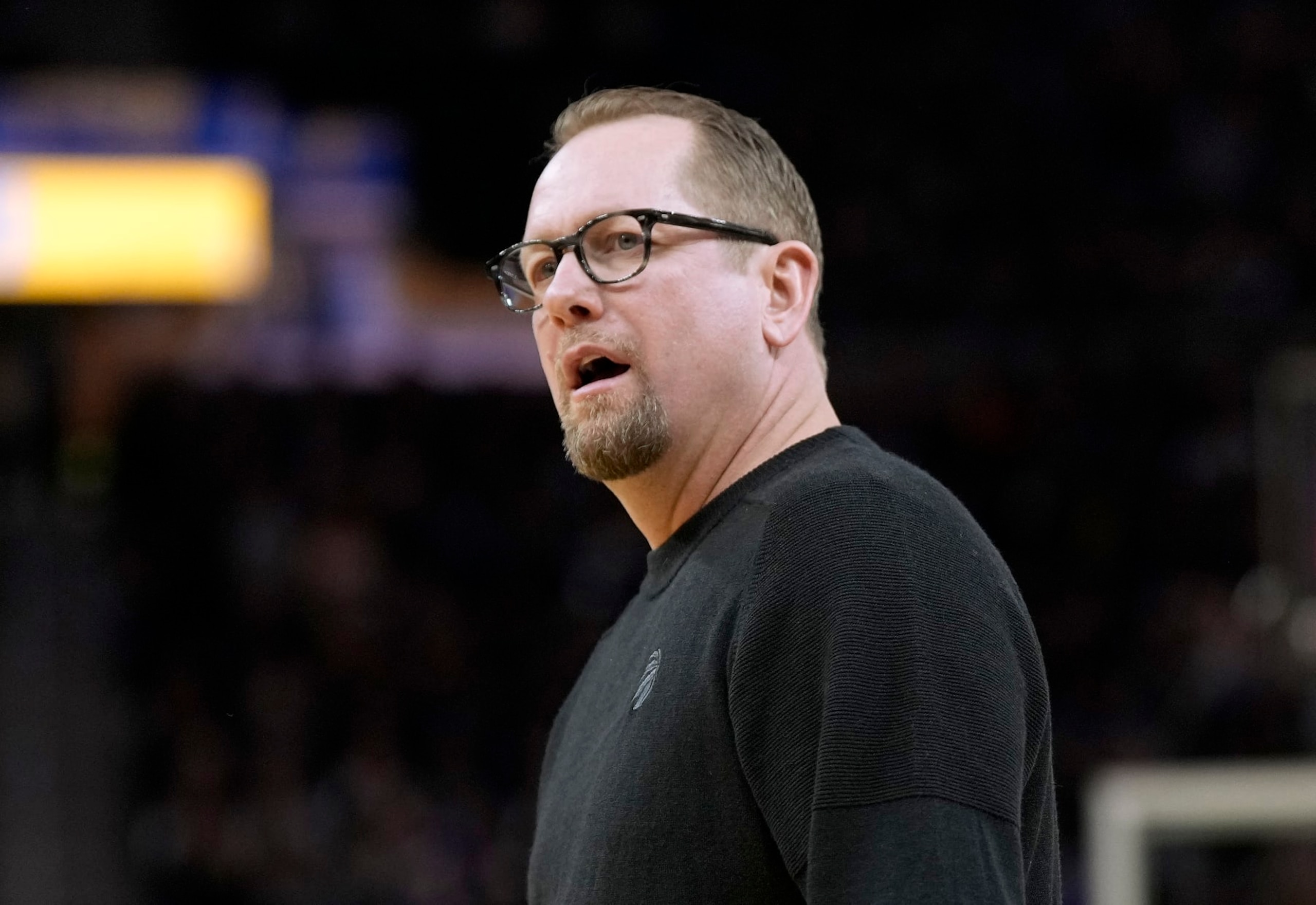 SAN FRANCISCO, CALIFORNIA - JANUARY 27: Head coach Nick Nurse of the Toronto Raptors reacts to the officiating against the Golden State Warriors during an NBA basketball game at Chase Center on January 27, 2023 in San Francisco, California. NOTE TO USER: User expressly acknowledges and agrees that, by downloading and or using this photograph, User is consenting to the terms and conditions of the Getty Images License Agreement. (Photo by Thearon W. Henderson/Getty Images) SAN FRANCISCO, CALIFORNIA - JANUARY 27: Head coach Nick Nurse of the Toronto Raptors reacts to the officiating against the Golden State Warriors during an NBA basketball game at Chase Center on January 27, 2023 in San Francisco, California. NOTE TO USER: User expressly acknowledges and agrees that, by downloading and or using this photograph, User is consenting to the terms and conditions of the Getty Images License Agreement. (Photo by Thearon W. Henderson/Getty Images)