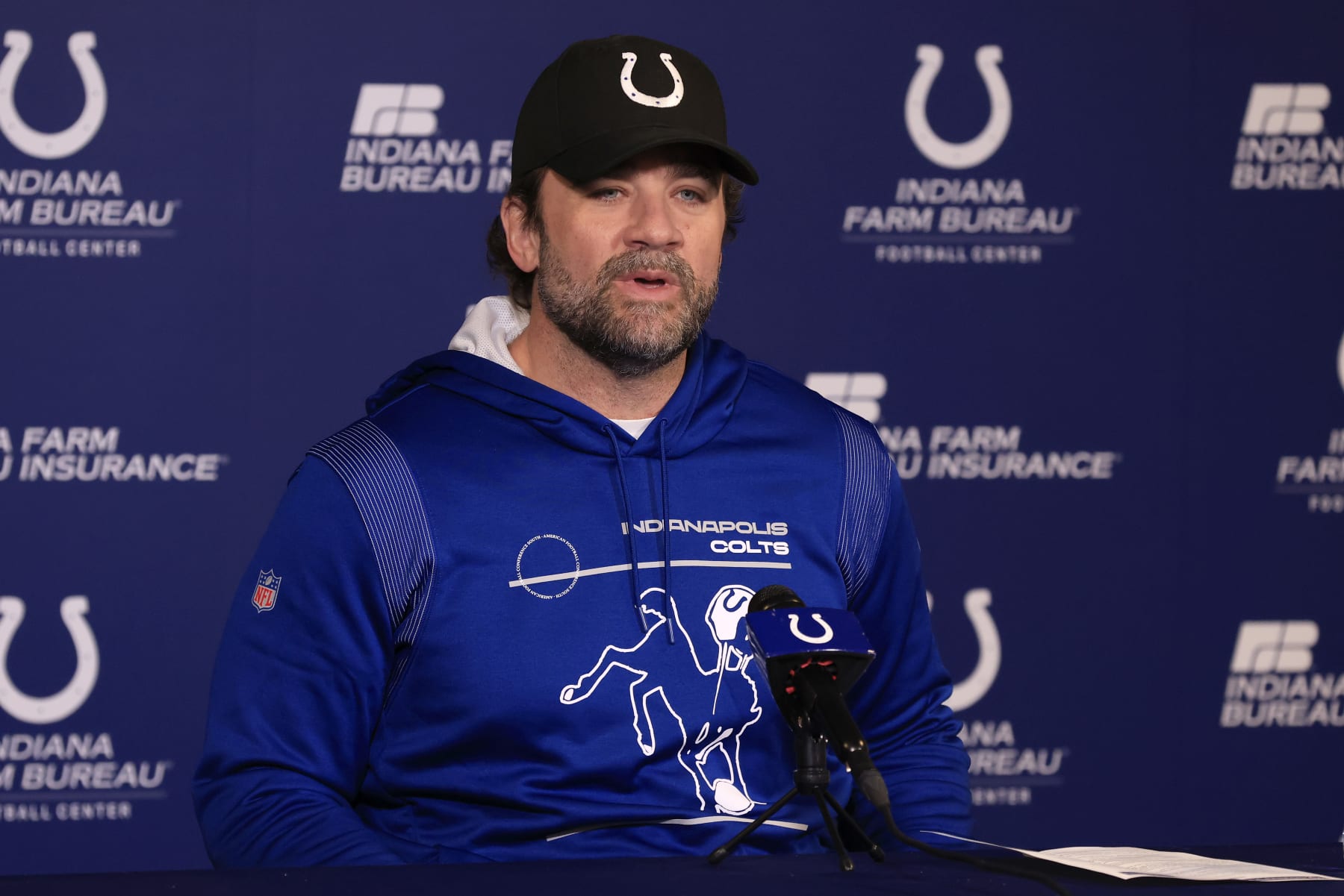 INDIANAPOLIS, INDIANA - JANUARY 09: Interim head coach Jeff Saturday of the Indianapolis Colts speaks to media at a press conference at the Indiana Farm Bureau Football Center on January 09, 2023 in Indianapolis, Indiana. (Photo by Justin Casterline/Getty Images)