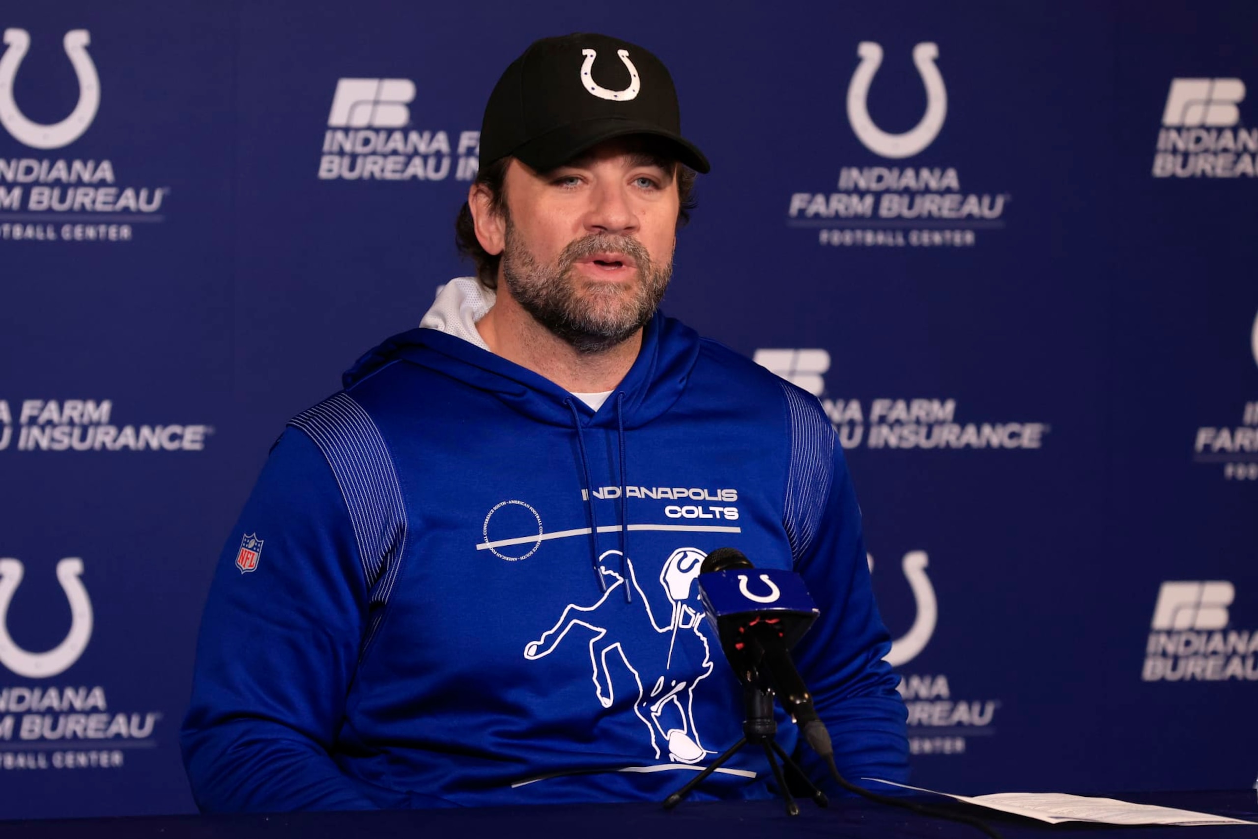 INDIANAPOLIS, INDIANA - JANUARY 09: Interim head coach Jeff Saturday of the Indianapolis Colts speaks to media at a press conference at the Indiana Farm Bureau Football Center on January 09, 2023 in Indianapolis, Indiana. (Photo by Justin Casterline/Getty Images) INDIANAPOLIS, INDIANA - JANUARY 09: Interim head coach Jeff Saturday of the Indianapolis Colts speaks to media at a press conference at the Indiana Farm Bureau Football Center on January 09, 2023 in Indianapolis, Indiana. (Photo by Justin Casterline/Getty Images)