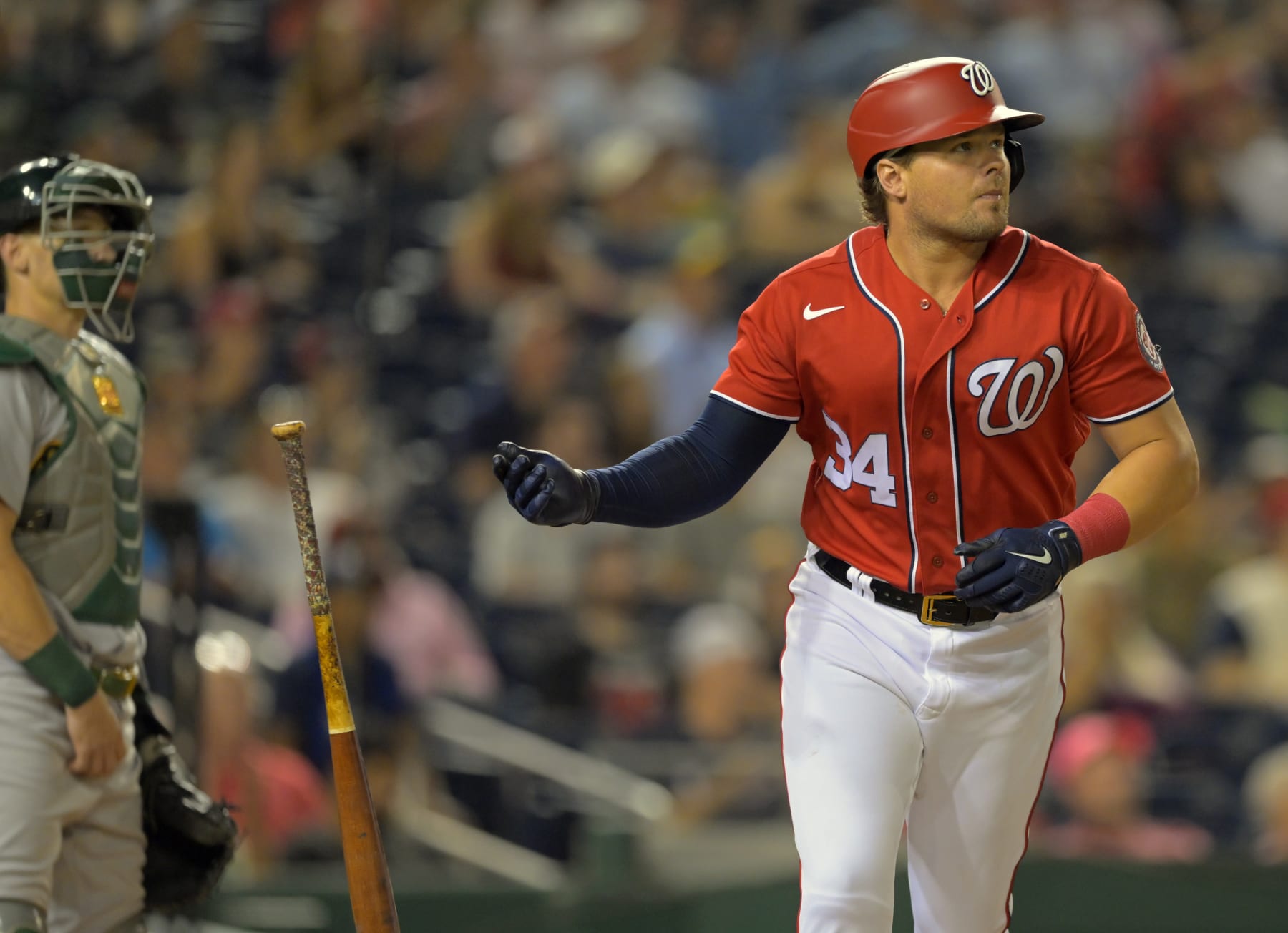 WASHINGTON, DC- AUGUST 31:Washington Nationals Luke Voit (34) hits a 2 run 5th inning home run during the Washington Nationals defeat of the Oakland As 5-1 at Nationals Park on August 31, 2022 in Washington, DC. (Photo by John McDonnell/The Washington Post via Getty Images)