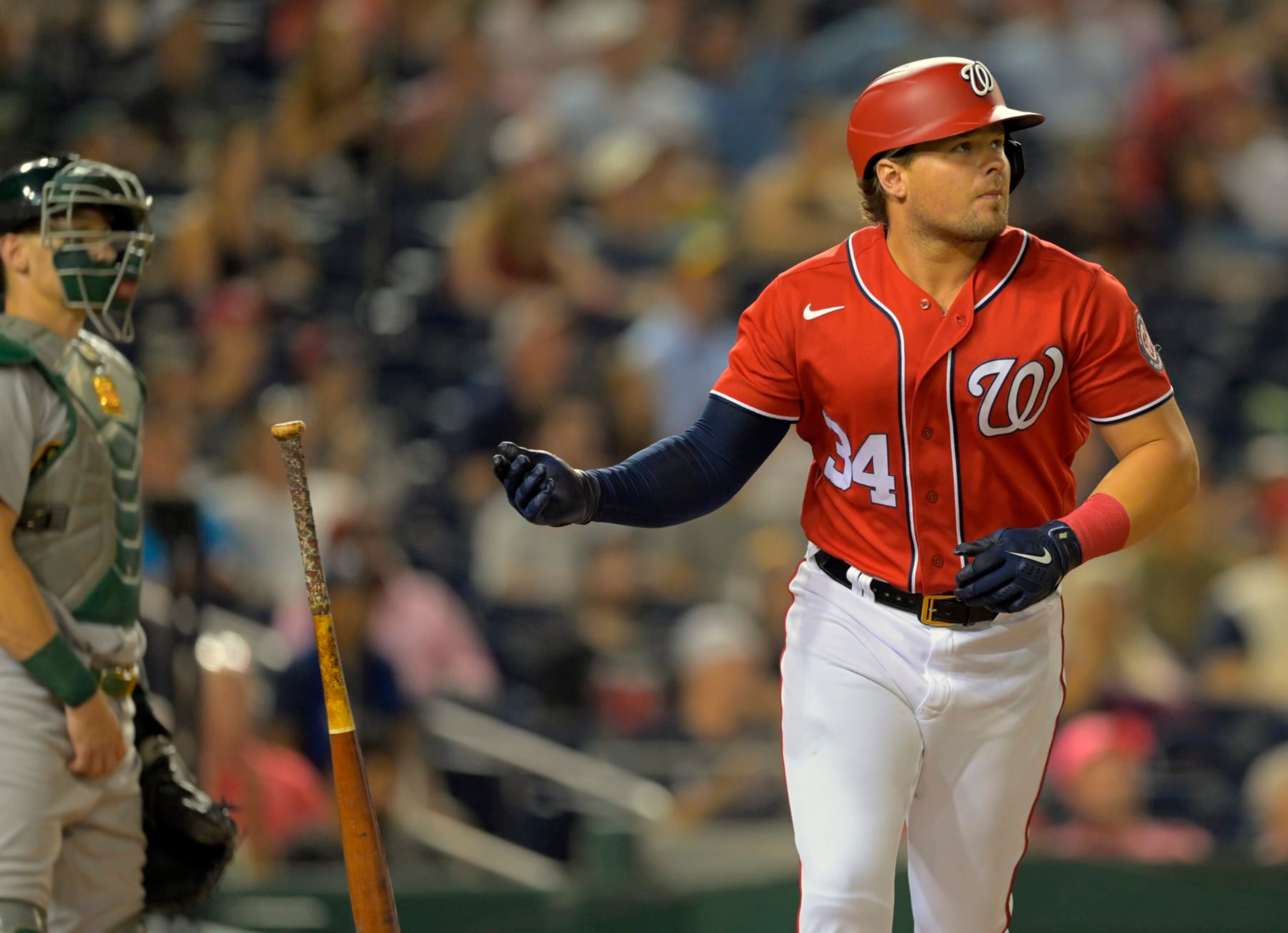 WASHINGTON, DC- AUGUST 31:Washington Nationals Luke Voit (34) hits a 2 run 5th inning home run during the Washington Nationals defeat of the Oakland As 5-1 at Nationals Park on August 31, 2022 in Washington, DC. (Photo by John McDonnell/The Washington Post via Getty Images)