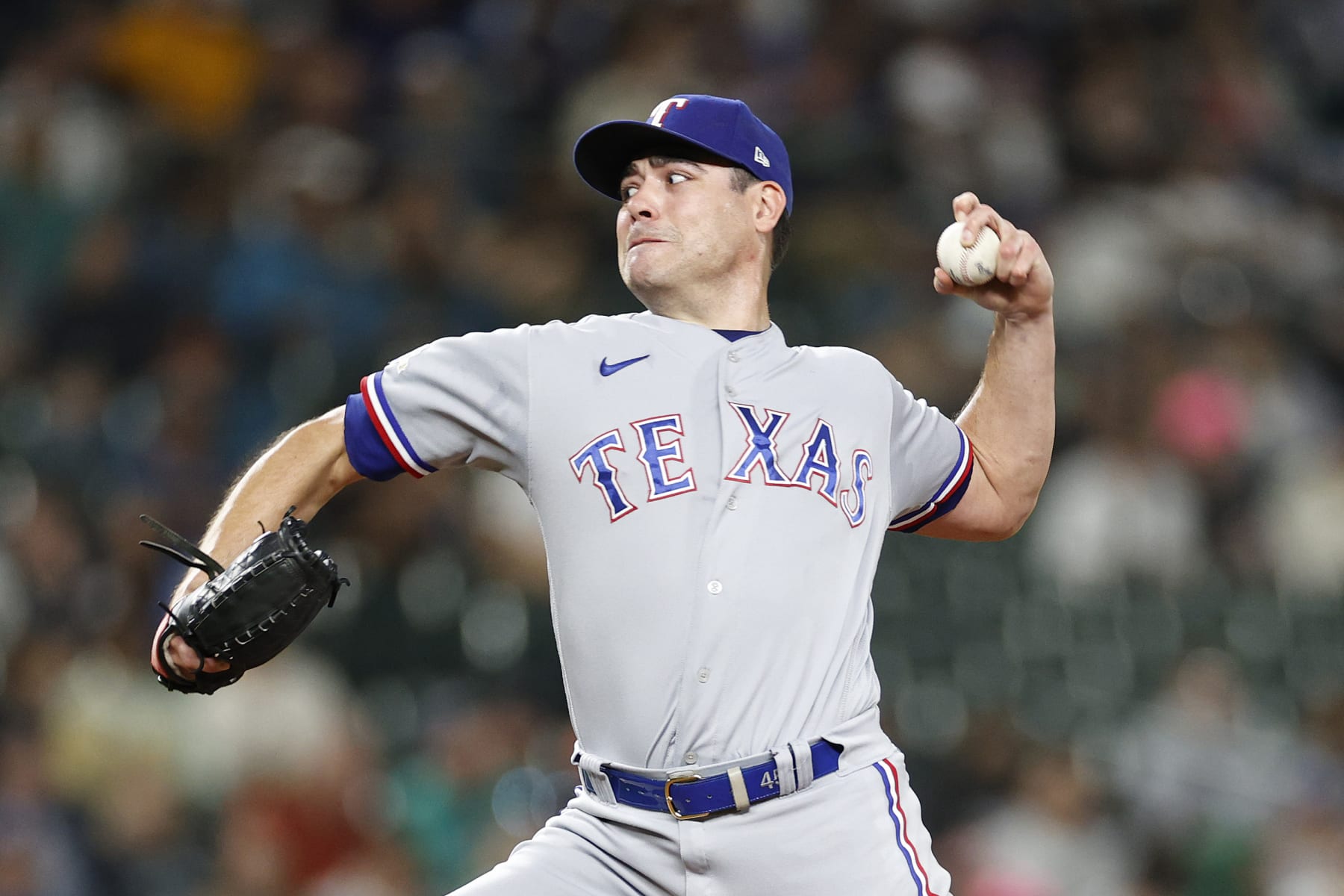 SEATTLE, WASHINGTON - SEPTEMBER 27: Matt Moore #45 of the Texas Rangers pitches during the seventh inning against the Seattle Marinersat T-Mobile Park on September 27, 2022 in Seattle, Washington. (Photo by Steph Chambers/Getty Images)
