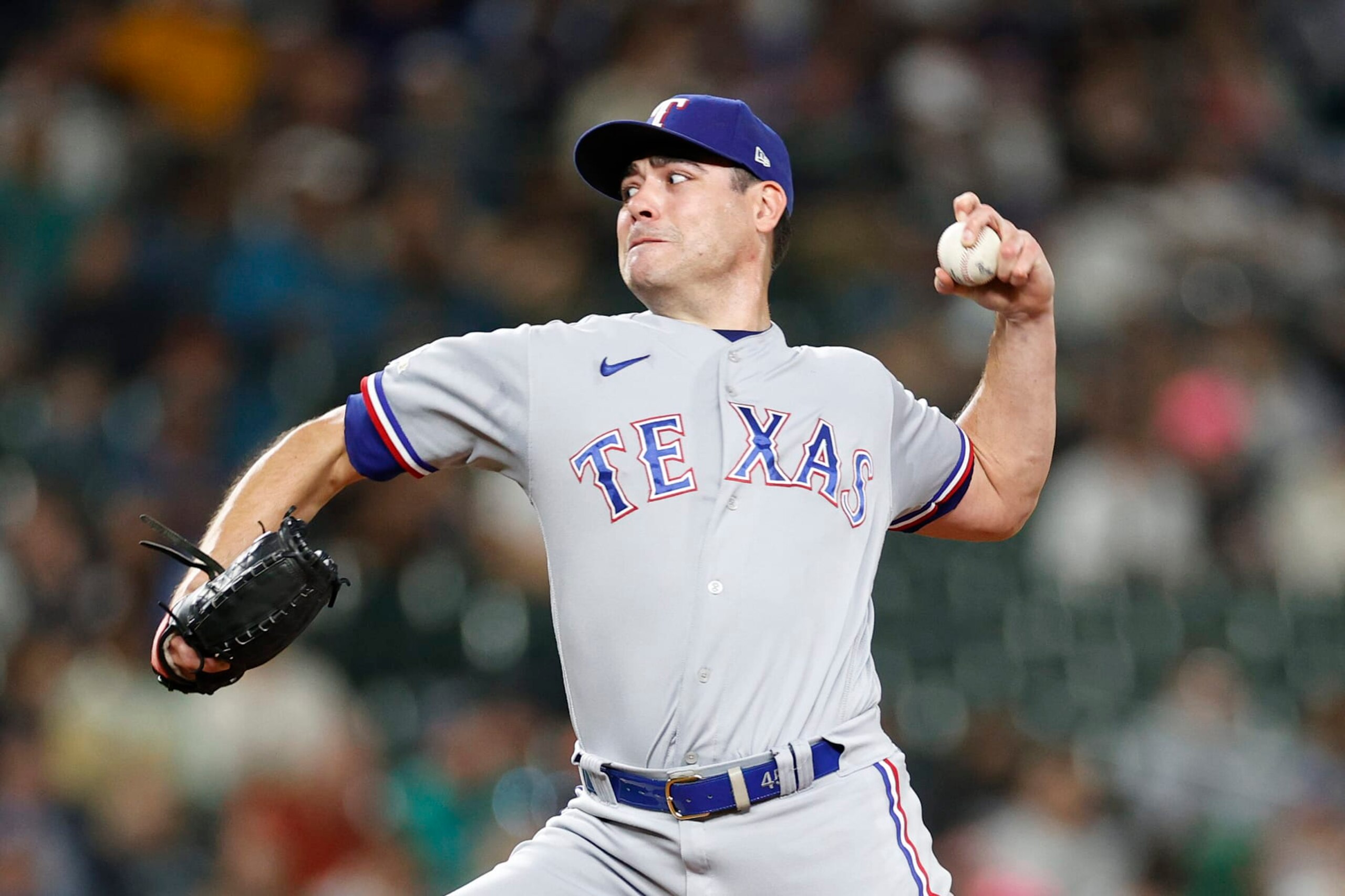 SEATTLE, WASHINGTON - SEPTEMBER 27: Matt Moore #45 of the Texas Rangers pitches during the seventh inning against the Seattle Marinersat T-Mobile Park on September 27, 2022 in Seattle, Washington. (Photo by Steph Chambers/Getty Images) SEATTLE, WASHINGTON - SEPTEMBER 27: Matt Moore #45 of the Texas Rangers pitches during the seventh inning against the Seattle Marinersat T-Mobile Park on September 27, 2022 in Seattle, Washington. (Photo by Steph Chambers/Getty Images)
