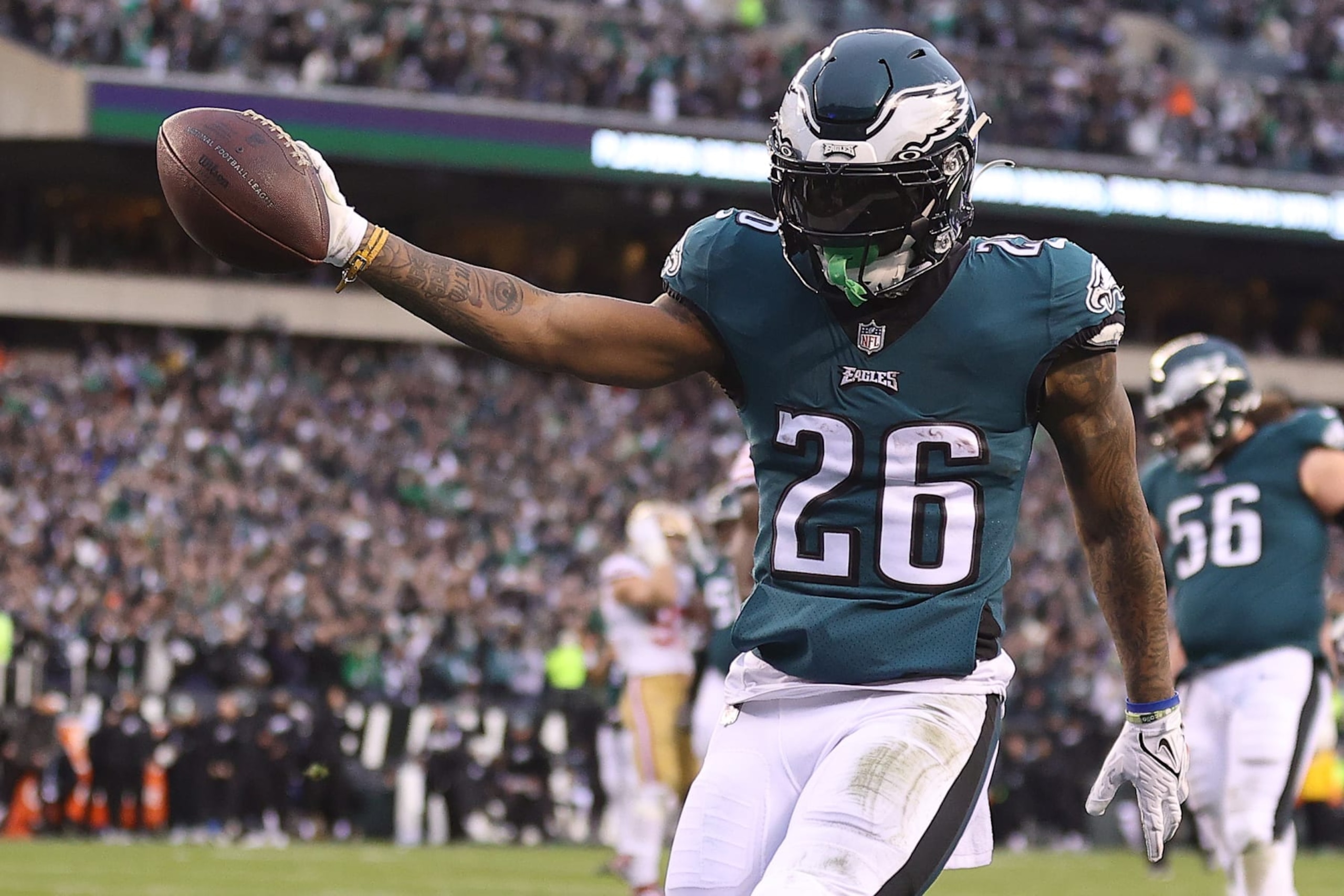 PHILADELPHIA, PENNSYLVANIA - JANUARY 29: Miles Sanders #26 of the Philadelphia Eagles scores a 13 yard touchdown against the San Francisco 49ers during the second quarter in the NFC Championship Game at Lincoln Financial Field on January 29, 2023 in Philadelphia, Pennsylvania. (Photo by Tim Nwachukwu/Getty Images)