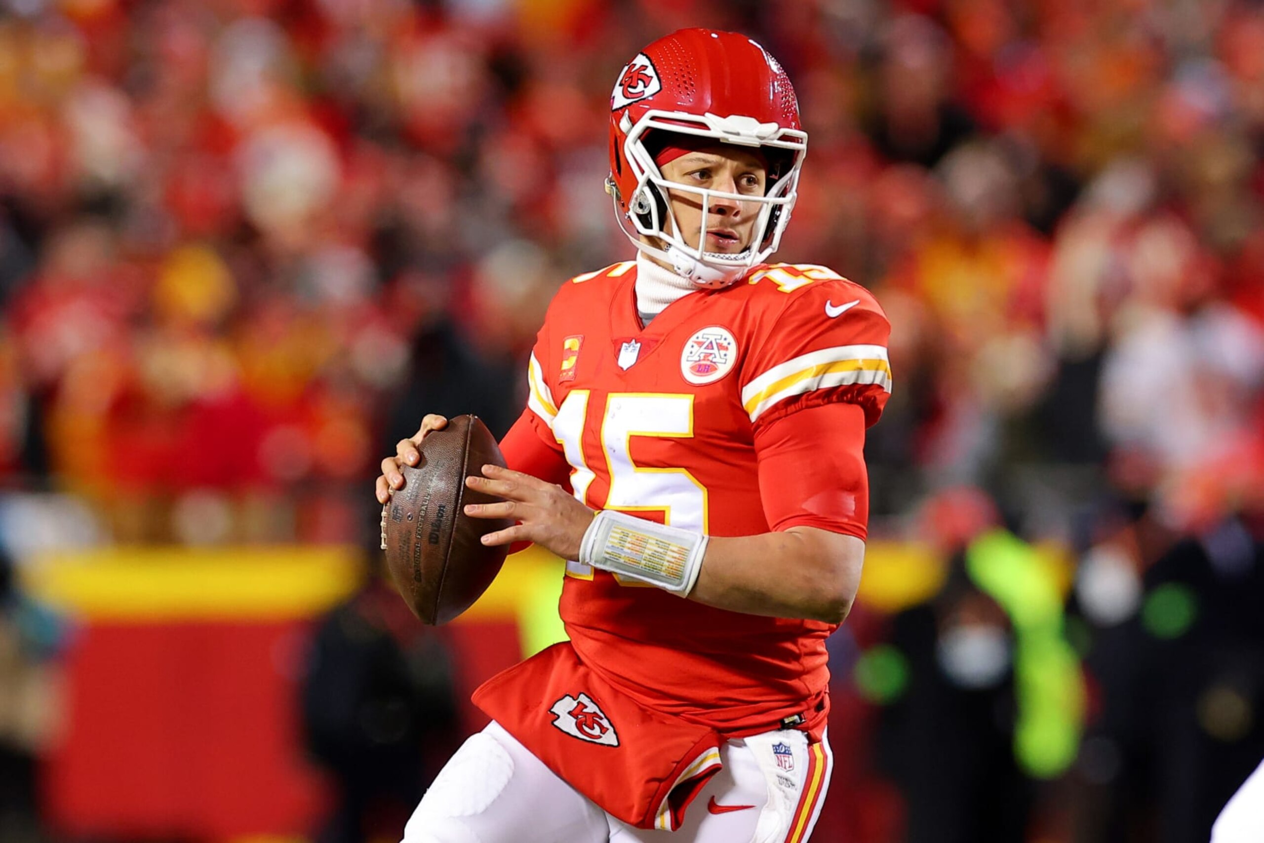 KANSAS CITY, MISSOURI - JANUARY 29: Patrick Mahomes #15 of the Kansas City Chiefs looks to pass against the Cincinnati Bengals during the second quarter in the AFC Championship Game at GEHA Field at Arrowhead Stadium on January 29, 2023 in Kansas City, Missouri. (Photo by Kevin C. Cox/Getty Images)