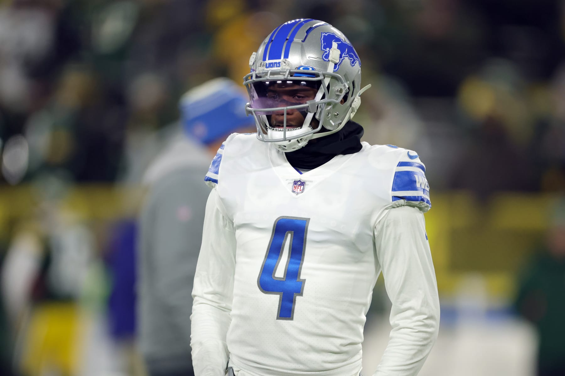 GREEN BAY, WISCONSIN - JANUARY 08: DJ Chark #4 of the Detroit Lions warms up prior to the game against the Green Bay Packers at Lambeau Field on January 08, 2023 in Green Bay, Wisconsin. (Photo by Stacy Revere/Getty Images)