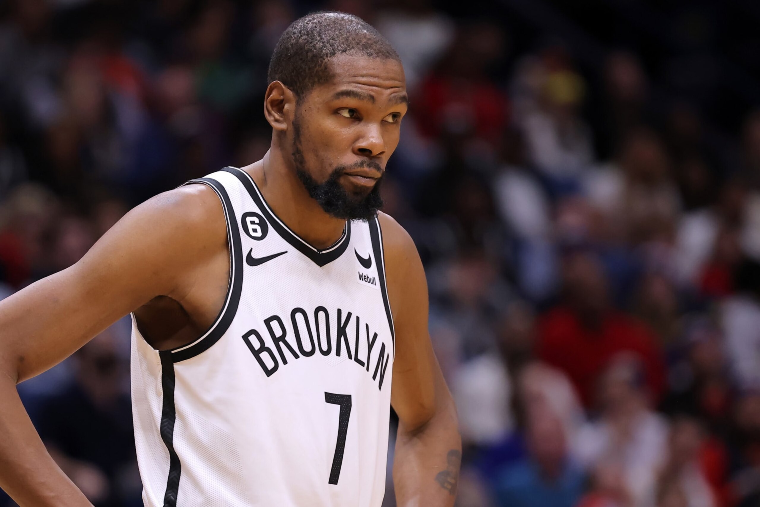 NEW ORLEANS, LOUISIANA - JANUARY 06: Kevin Durant #7 of the Brooklyn Nets reacts against the New Orleans Pelicans during a game at the Smoothie King Center on January 06, 2023 in New Orleans, Louisiana. NOTE TO USER: User expressly acknowledges and agrees that, by downloading and or using this Photograph, user is consenting to the terms and conditions of the Getty Images License Agreement. (Photo by Jonathan Bachman/Getty Images)