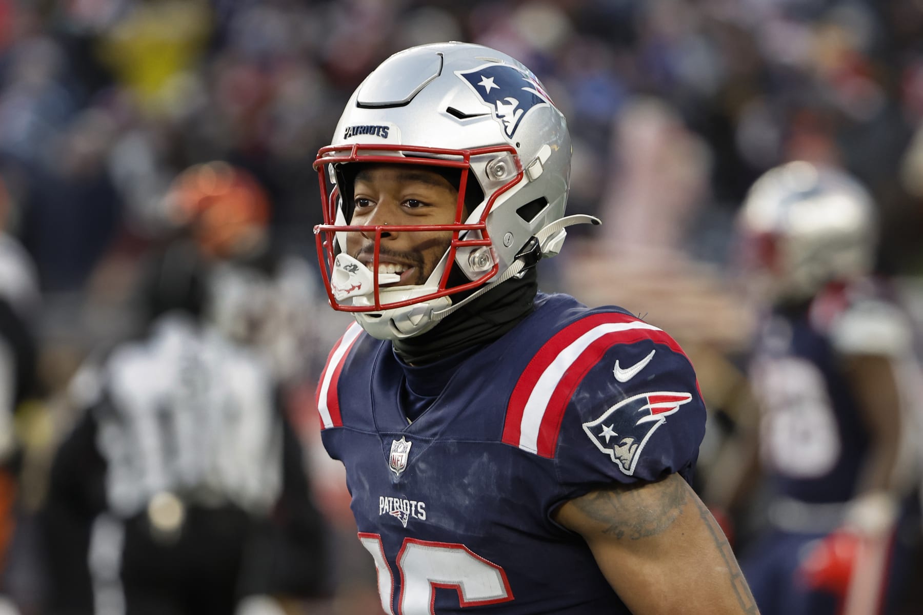 FOXBOROUGH, MA - DECEMBER 24: Jakobi Meyers #16 of the New England Patriots smiles after catching a touchdown pass against the Cincinnati Bengals during the game at Gillette Stadium on December 24, 2022 in Foxborough, Massachusetts.(Photo By Winslow Townson/Getty Images)