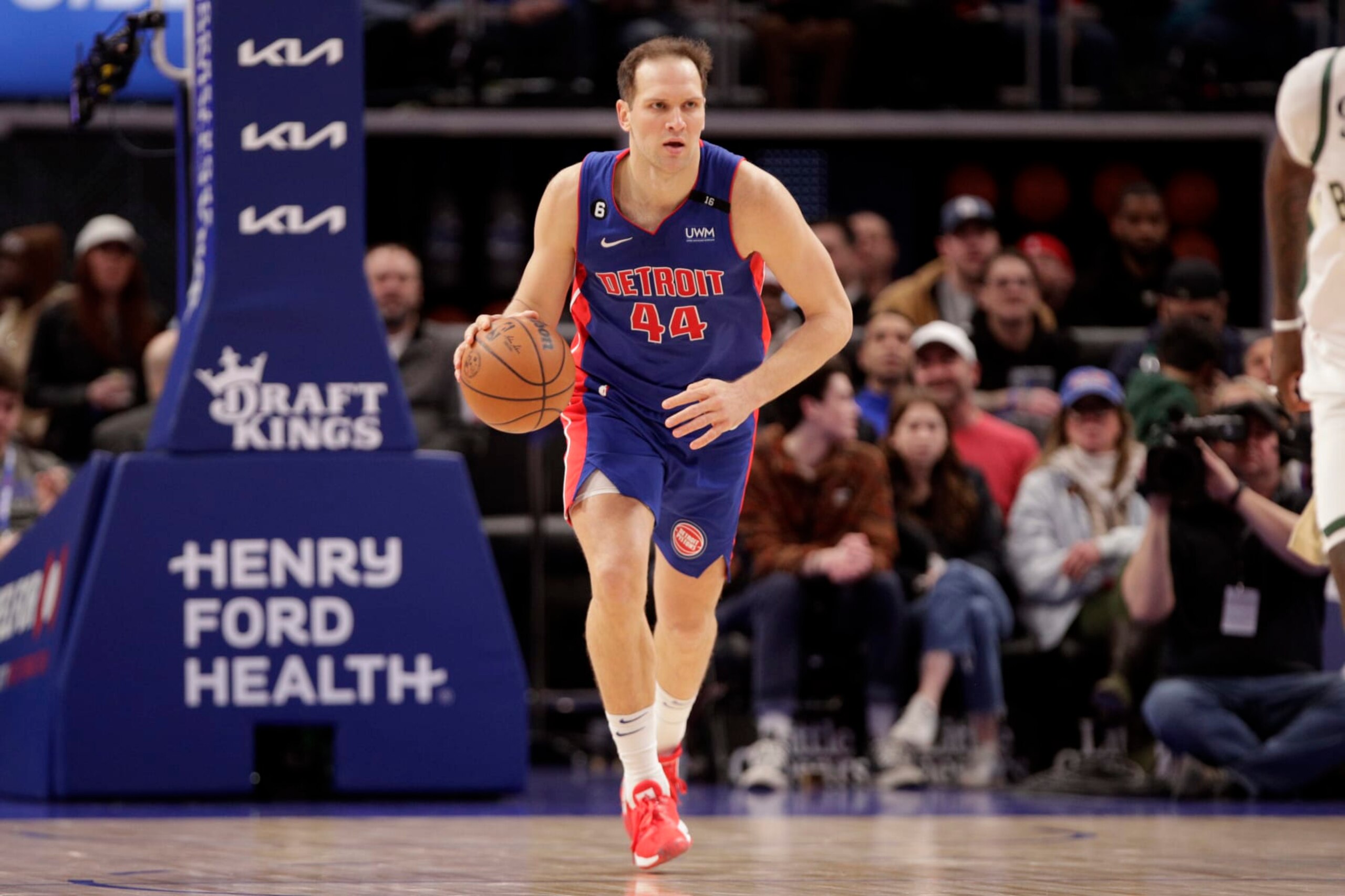 DETROIT, MI - JANUARY 23: Bojan Bogdanovic #44 of the Detroit Pistons dribbles the ball during the game against the Milwaukee Bucks on January 23, 2023 at Little Caesars Arena in Detroit, Michigan. NOTE TO USER: User expressly acknowledges and agrees that, by downloading and/or using this photograph, User is consenting to the terms and conditions of the Getty Images License Agreement. Mandatory Copyright Notice: Copyright 2023 NBAE (Photo by Brian Sevald/NBAE via Getty Images)